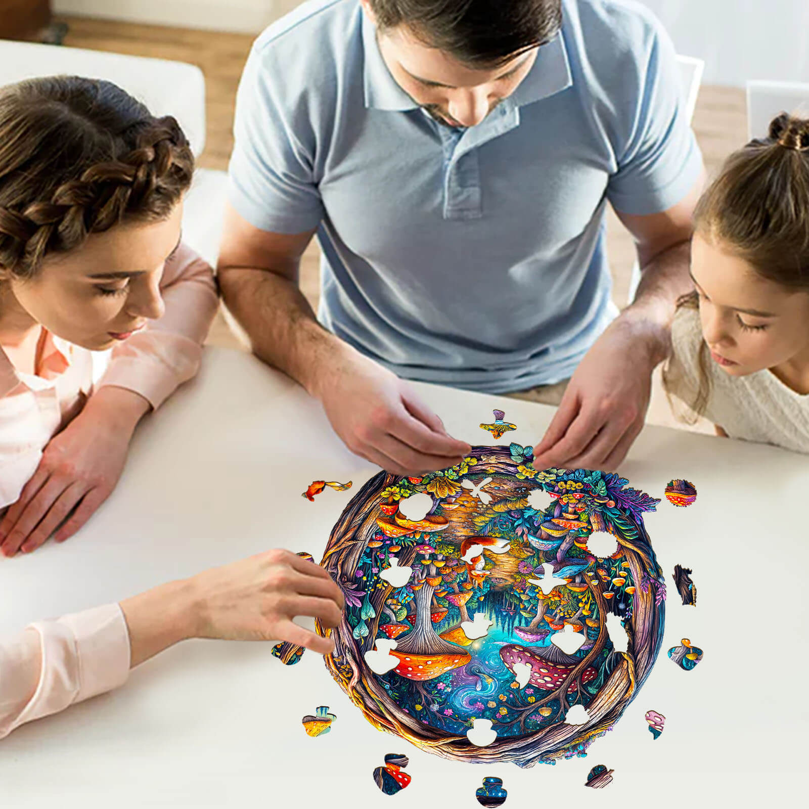 Family enjoying a 3D Mushroom Forest wooden jigsaw puzzle together on a table, promoting focus and mind skills.