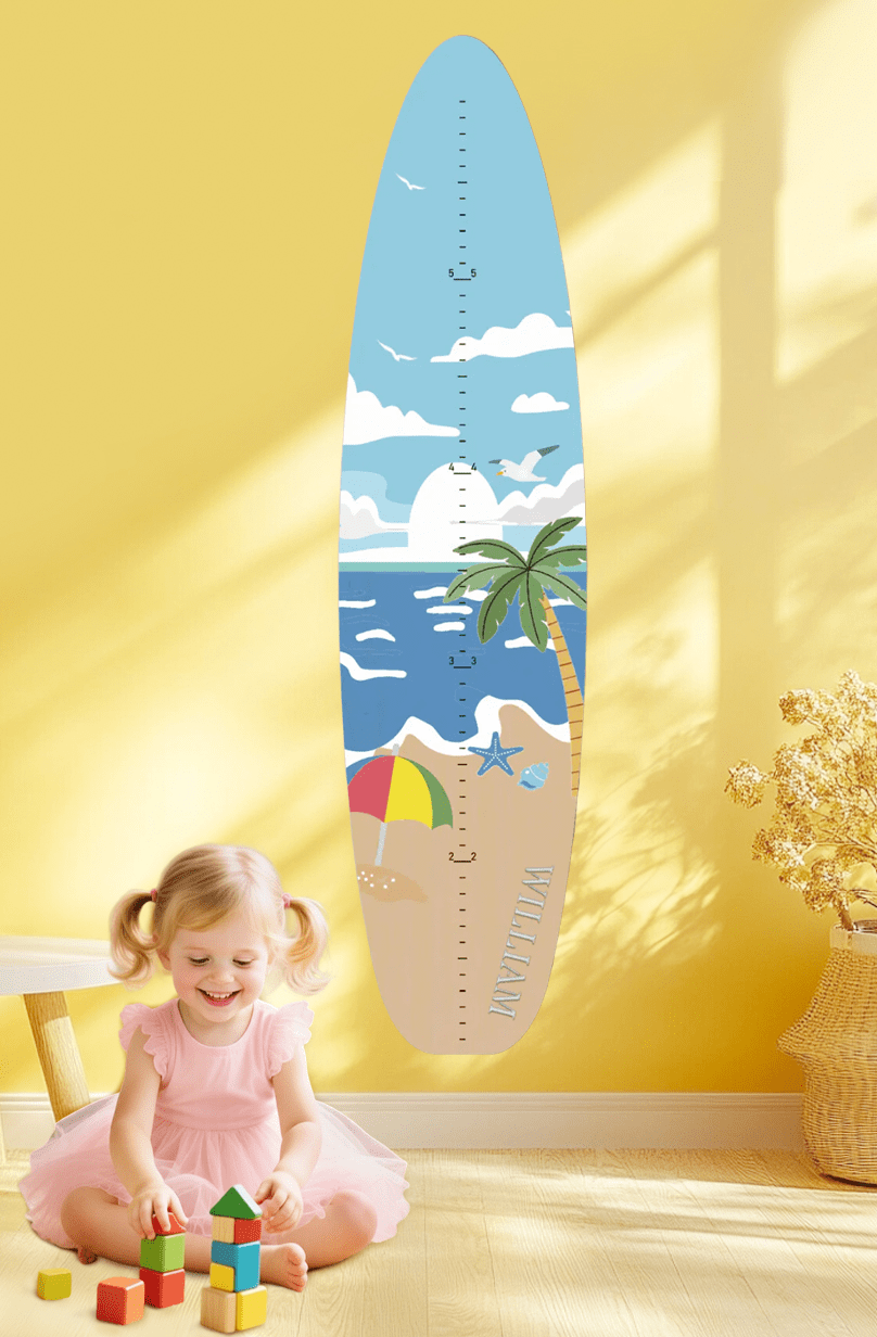 Règle de croissance personnalisée en bois en forme de planche de surf