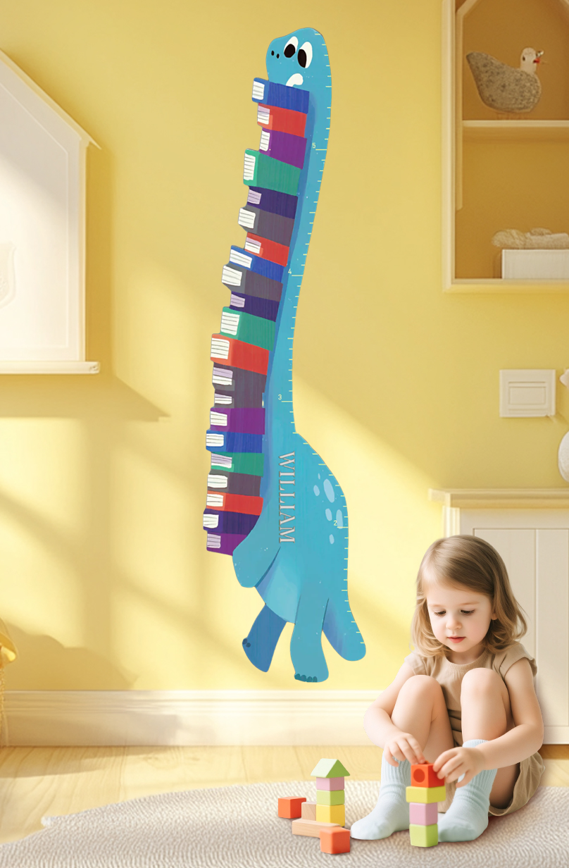 Règle de croissance dinosaure en bois personnalisée pour livres