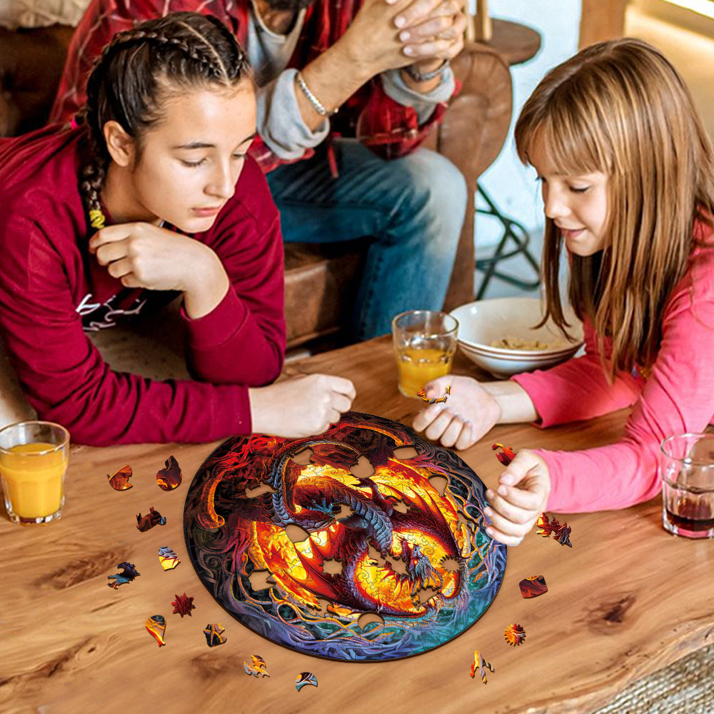 Two girls enjoying the Fiery Dragon-2 wooden jigsaw puzzle together, enhancing focus and problem-solving skills.