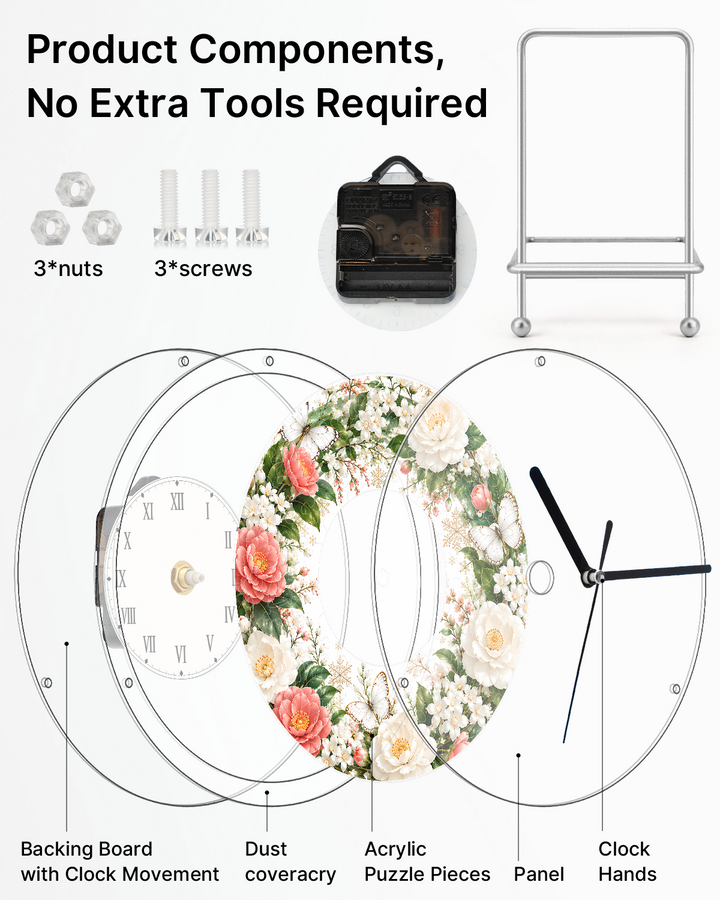 DIY Acrylic Puzzle Clock Kit - Pink White Roses