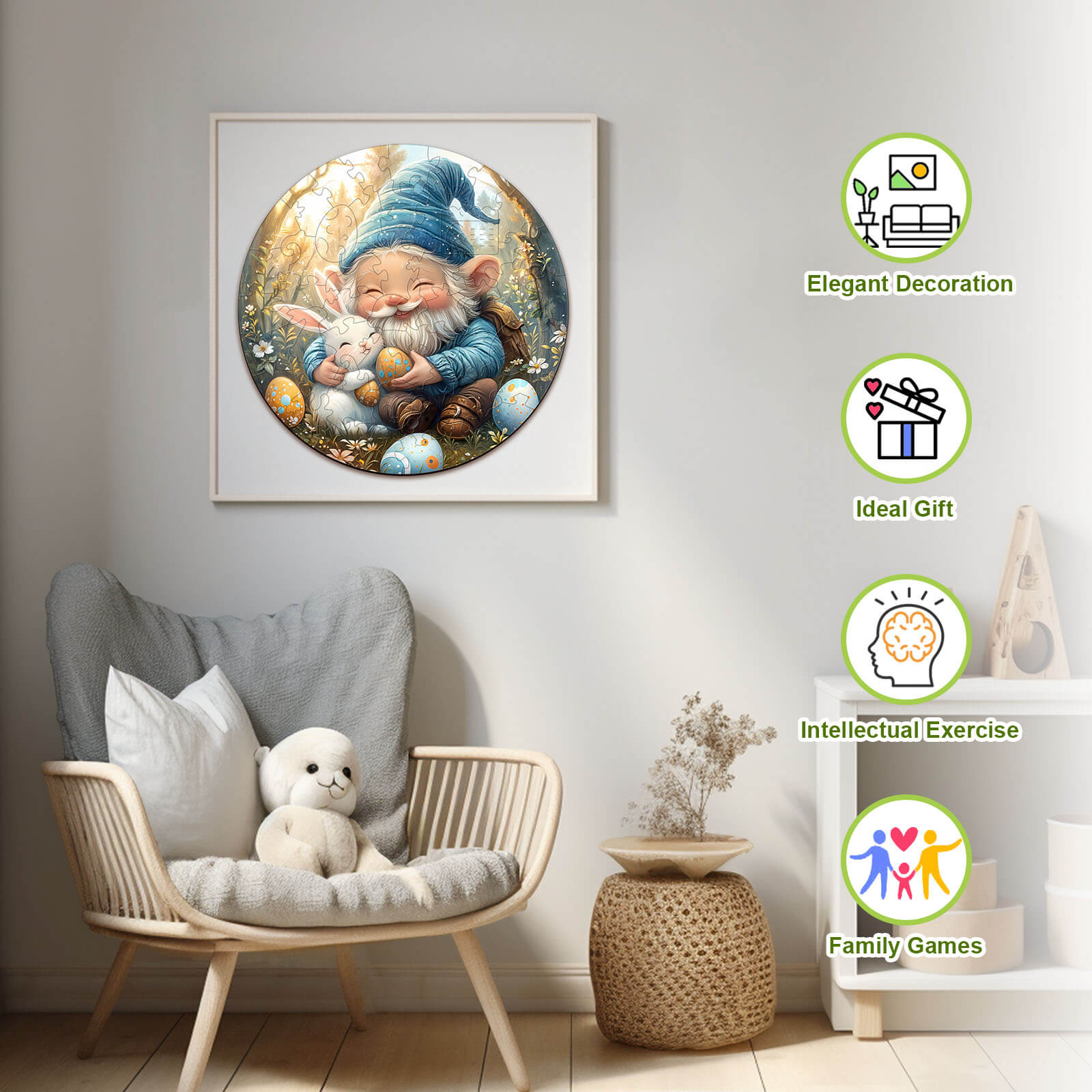 Cute Easter gnome wooden jigsaw puzzle in a cozy living room, perfect for family games and elegant decoration.