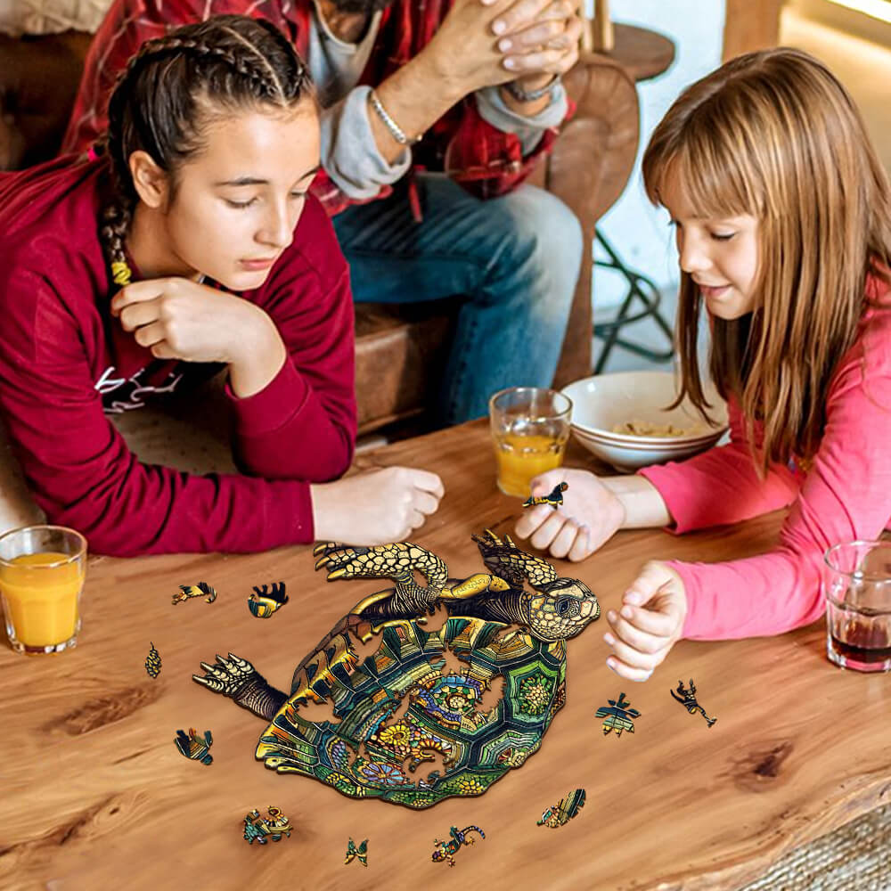 Two children focused on assembling the Wise Turtle wooden jigsaw puzzle together on a coffee table.