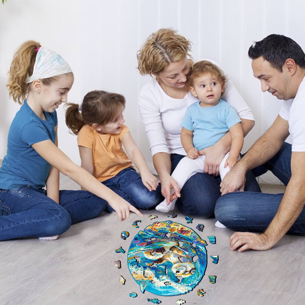 Family enjoying a Leisurely Otter wooden jigsaw puzzle together on the floor, promoting focus and fun in puzzle solving.
