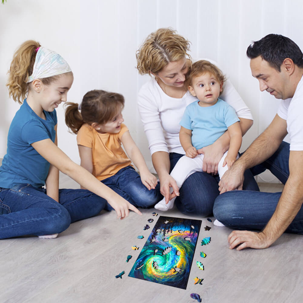 Family enjoying the Night Aurora-1 Wooden Jigsaw Puzzle together, enhancing focus and problem-solving skills.
