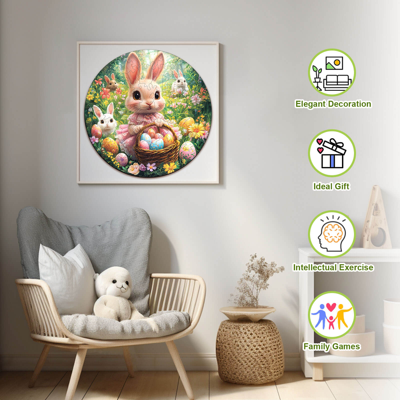 Cute Easter Bunny children's wooden jigsaw puzzle, perfect for family games and intellectual exercise.