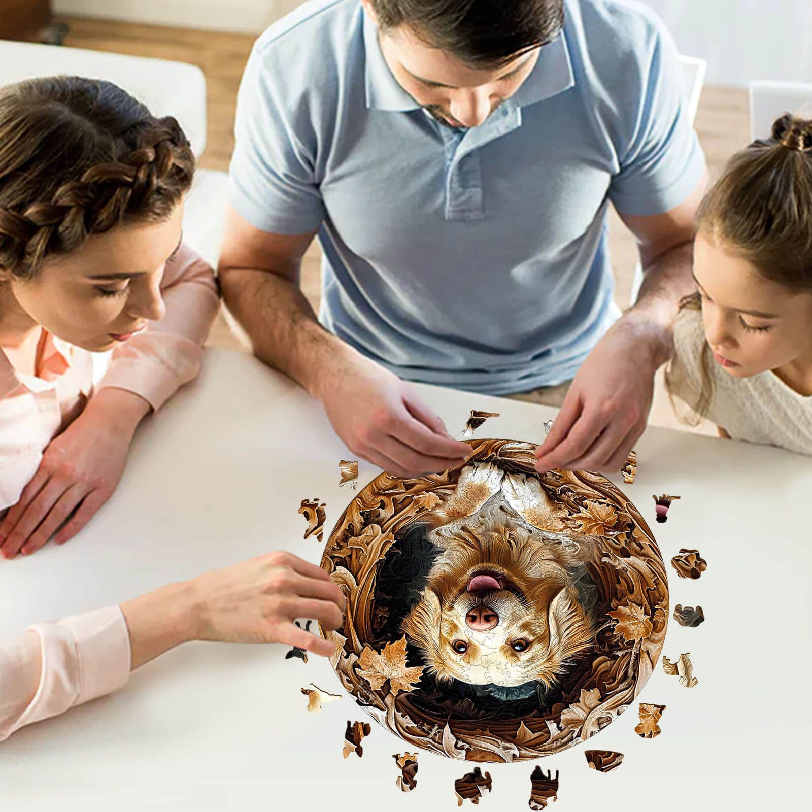 Family enjoying the 3D Golden Retriever-2 wooden jigsaw puzzle, focused on solving a mind game together.