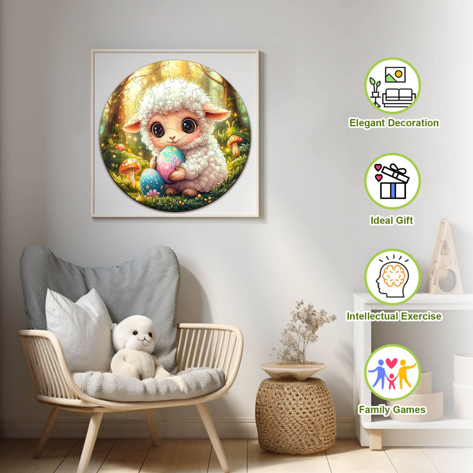 Cute Easter sheep illustration in a cozy room, perfect for children's room decoration and family game night.