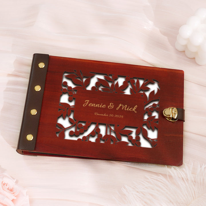Wooden Photo Album with Carved Flowers and Engraved Names