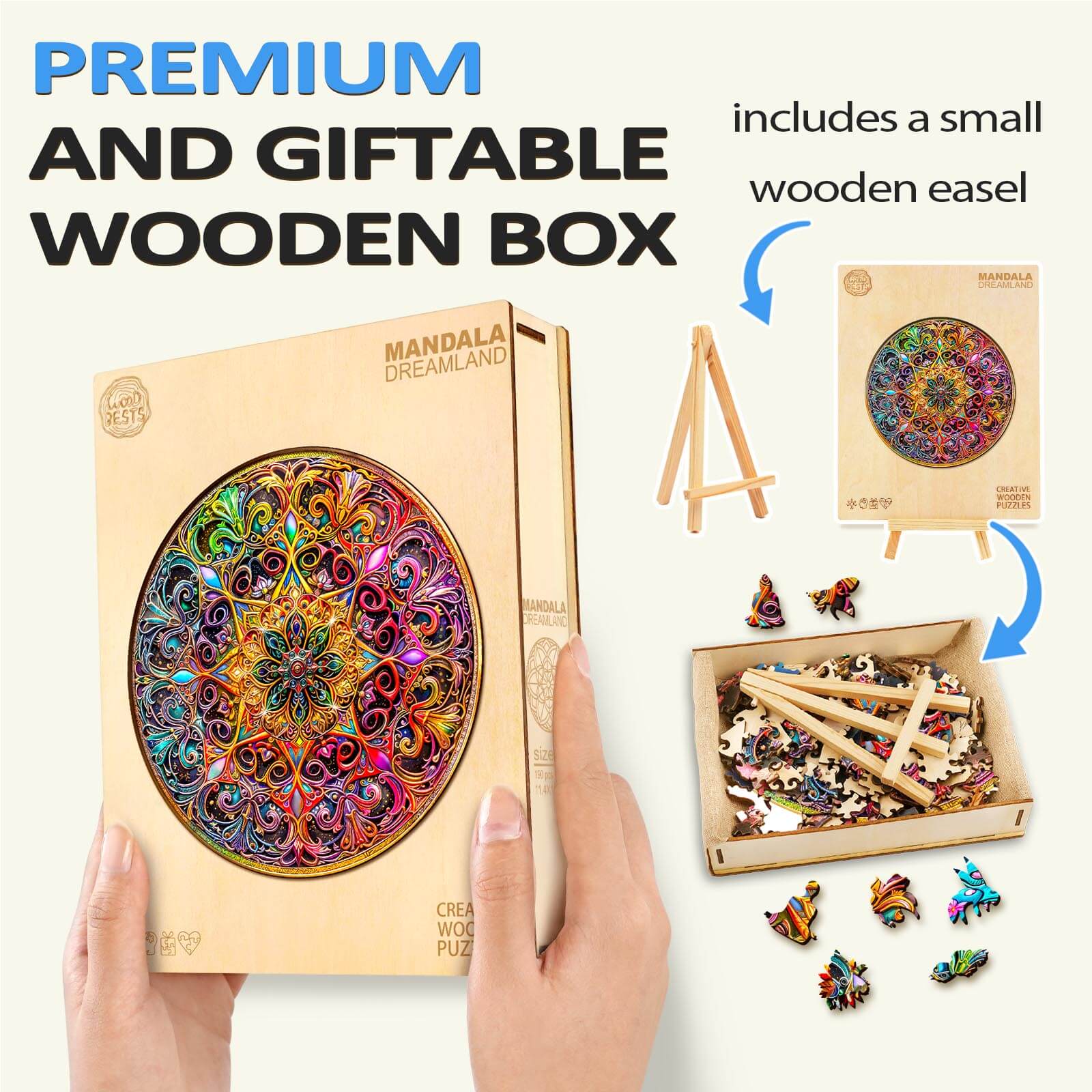 Mandala Dreamland wooden jigsaw puzzle in a premium gift box with a small easel for easy display and storage.