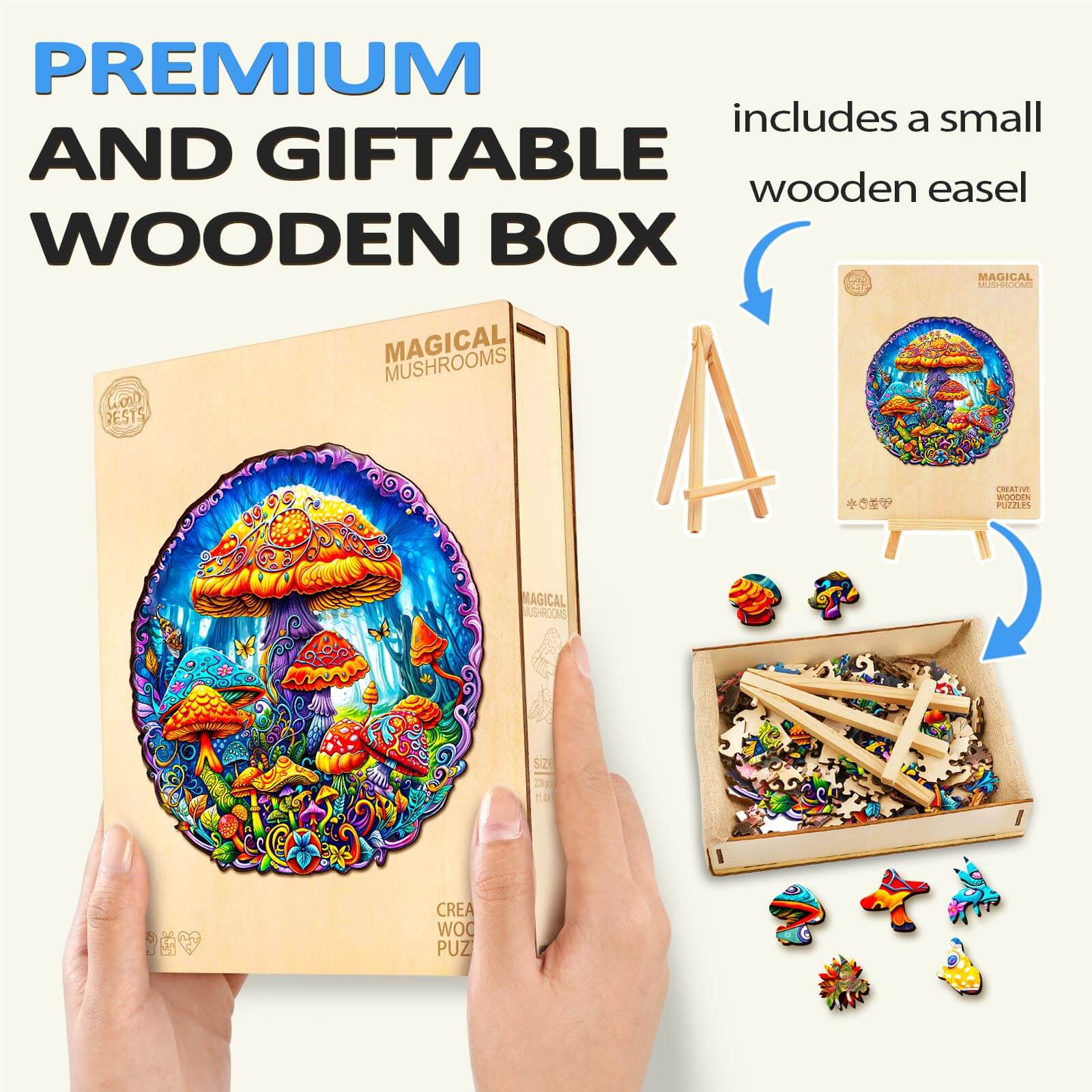Magical mushrooms wooden jigsaw puzzle in premium gift box with easel and colorful pieces for brain-teasing fun.