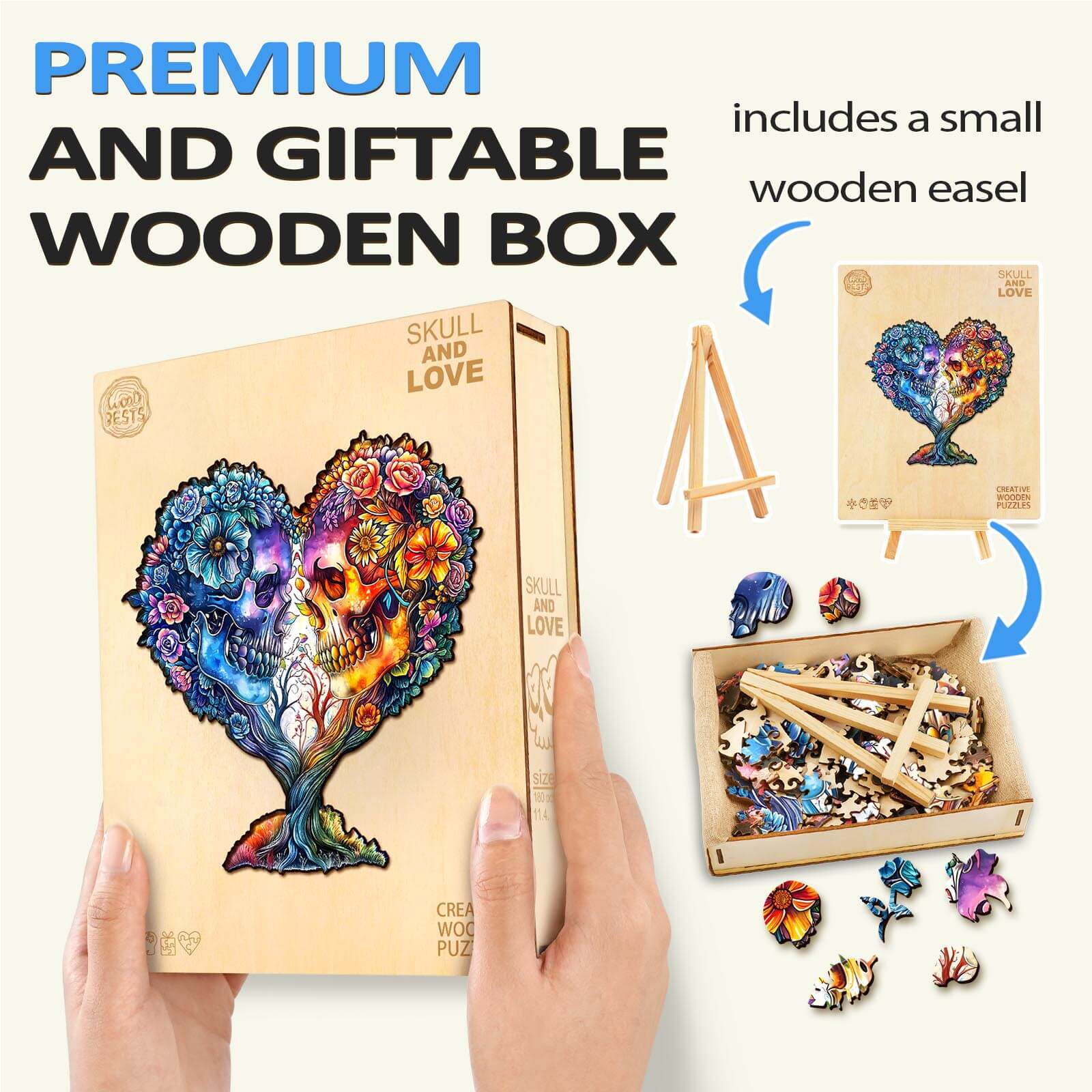Skull and Love wooden jigsaw puzzle in a premium box, featuring a colorful heart design and small wooden easel.