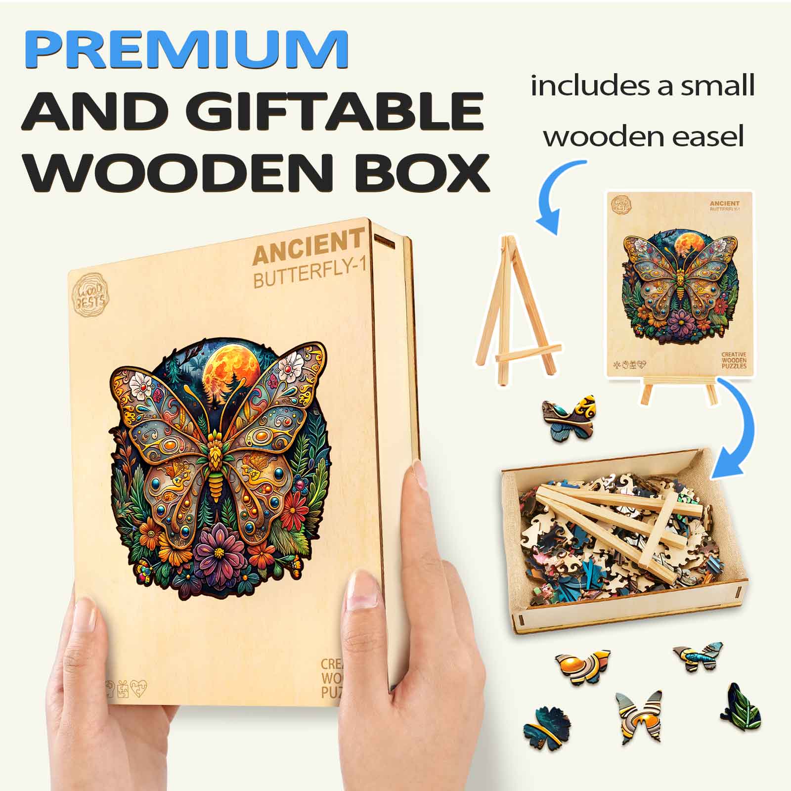Ancient Butterfly-1 wooden jigsaw puzzle in a giftable box with a small easel, promoting focus and smart play.