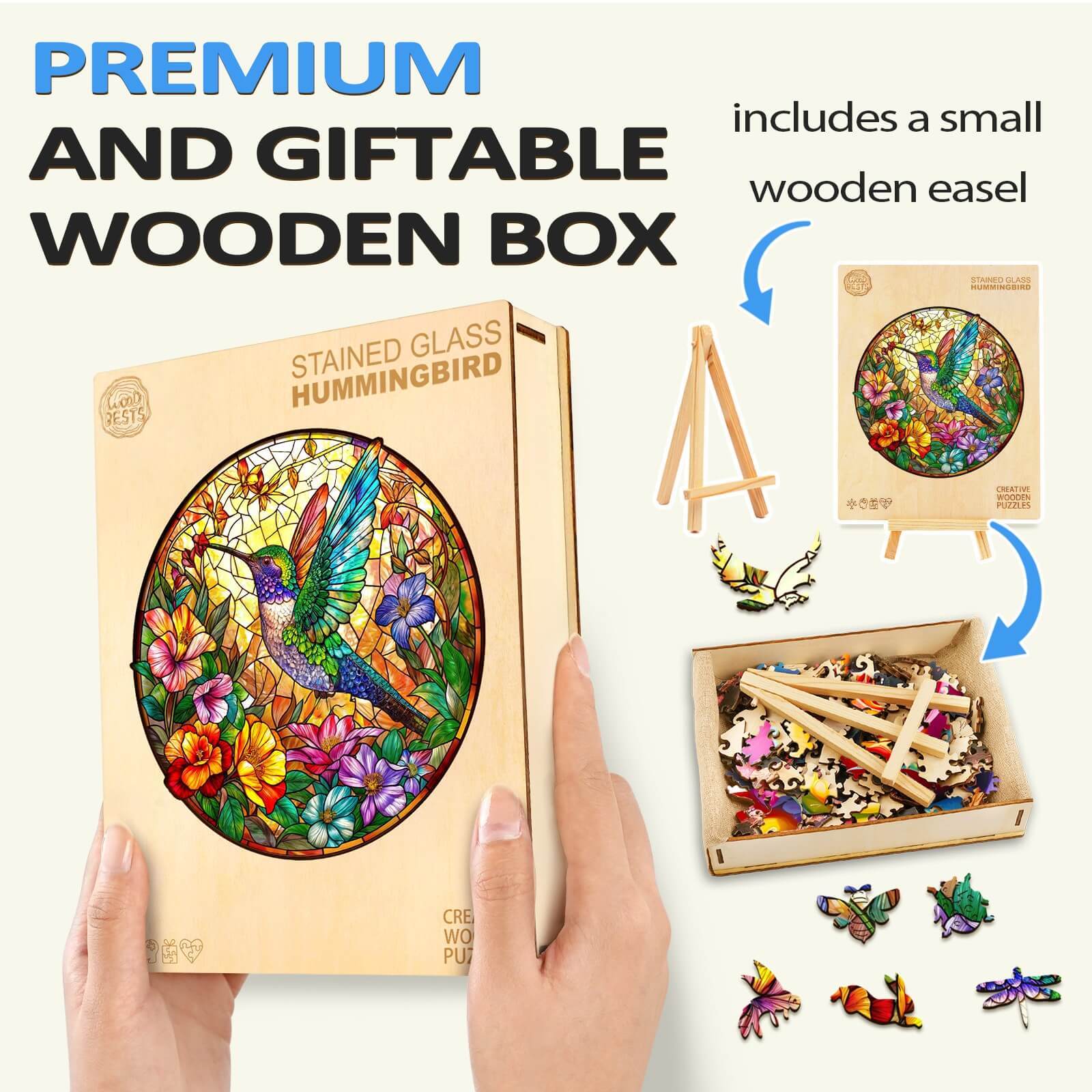 Stained Glass Hummingbird wooden puzzle in a premium gift box with easel, perfect for focused mind games and relaxation.
