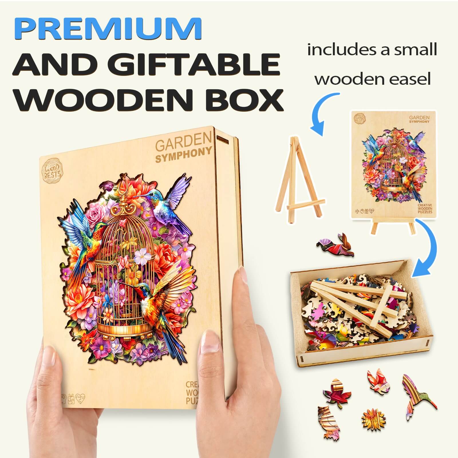 Garden Symphony wooden jigsaw puzzle in a premium gift box, including a small easel for display.