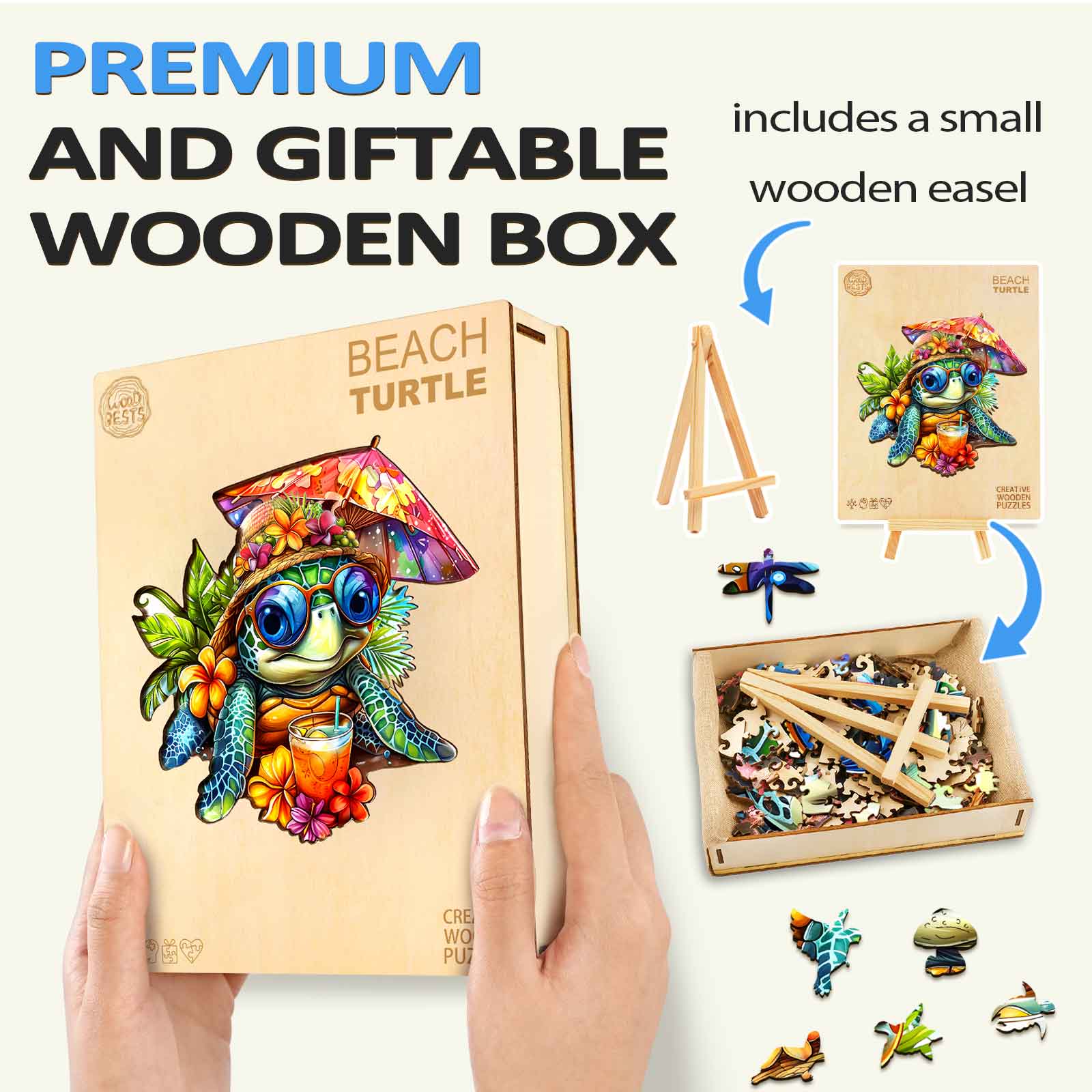 Beach Turtle wooden jigsaw puzzle in a premium box with small easel, perfect for mindful exploration and gifting.
