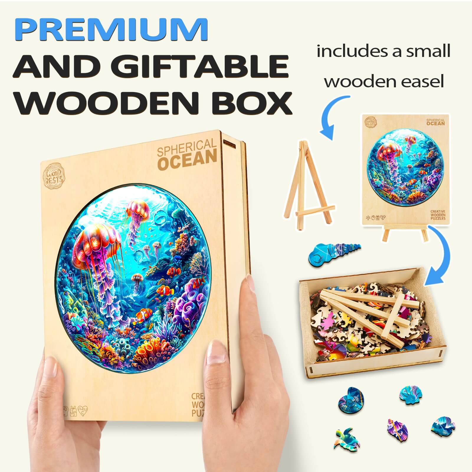 Spherical Ocean wooden jigsaw puzzle in a premium, giftable wooden box with small easel for display.