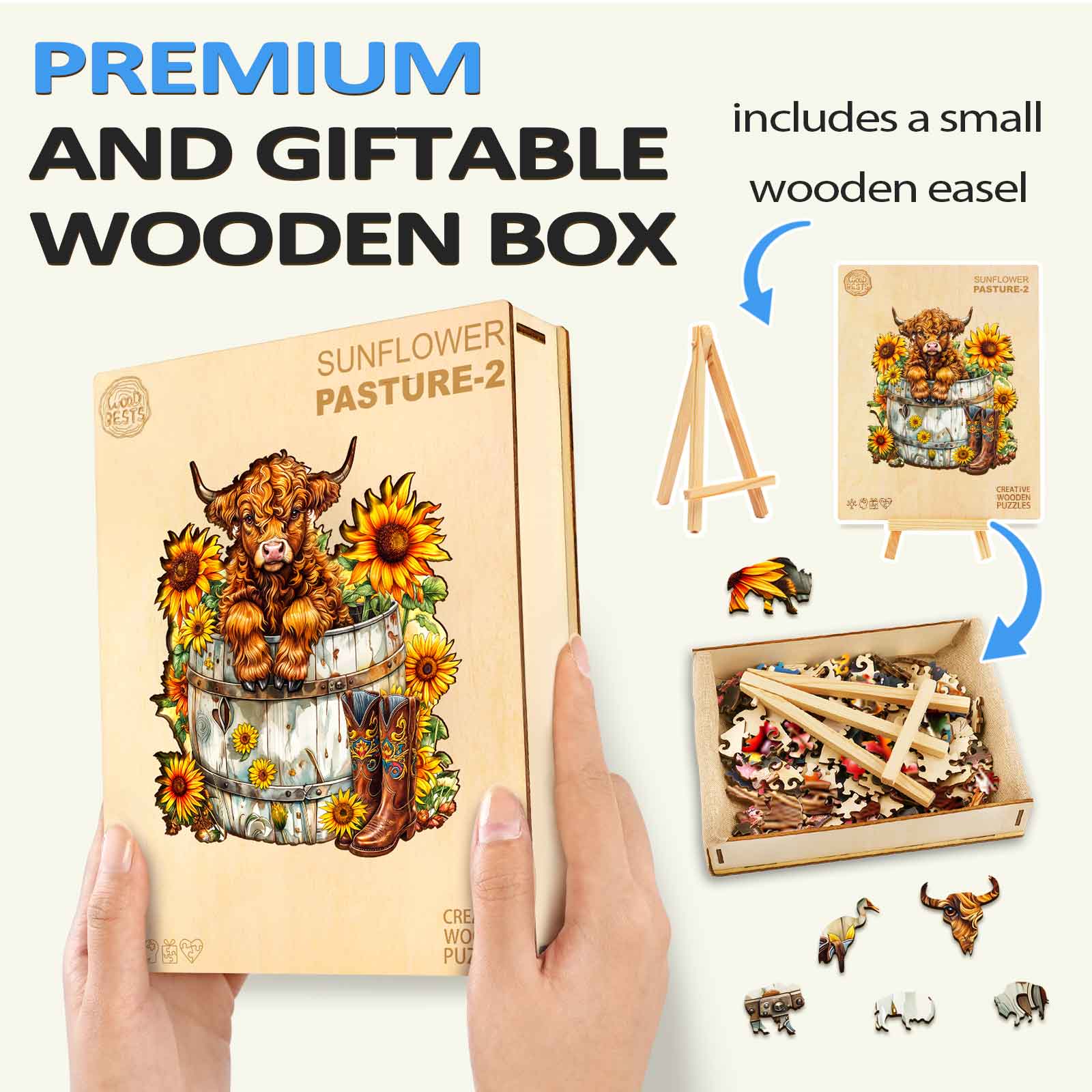 Sunflower Pasture-2 wooden jigsaw puzzle in a premium gift box with easel, perfect for relaxing mind games.