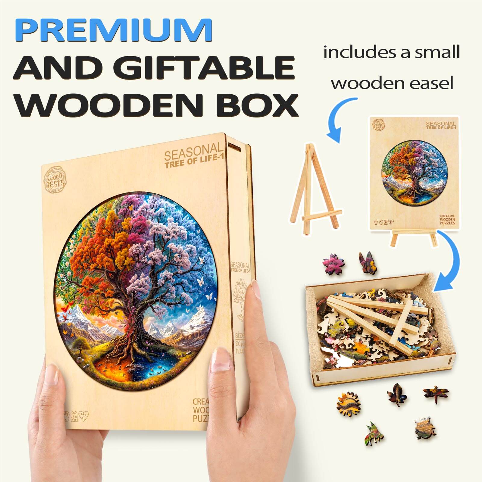 Seasonal Tree of Life wooden jigsaw puzzle in a premium gift box, includes a small wooden easel for display.