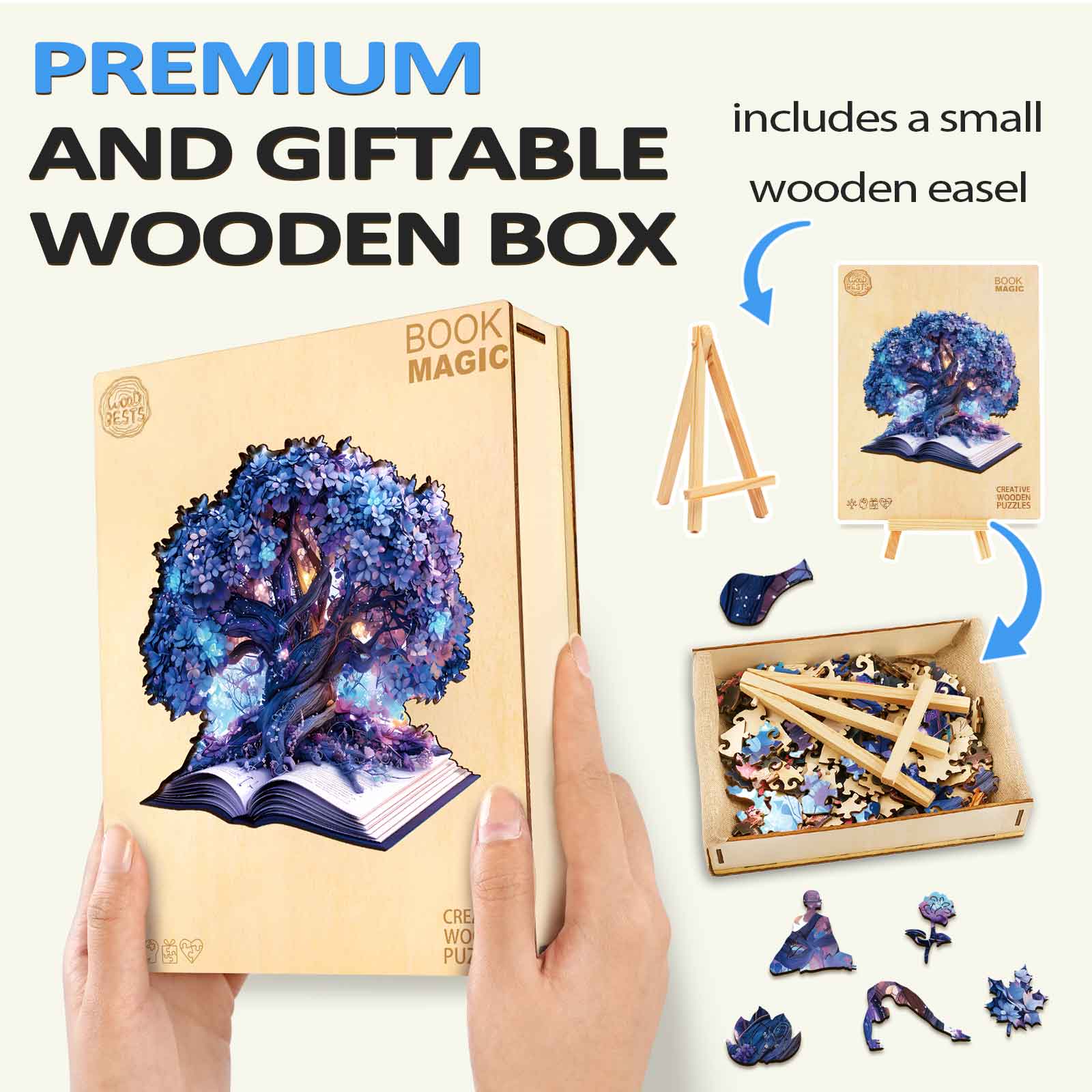 Magic Book wooden jigsaw puzzle in a premium gift box with easel, promoting engaging mind games and focus.