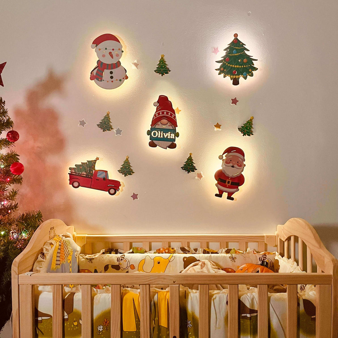 Ensemble de lampe murale en bois personnalisée pour chambre de bébé - Thème Noël