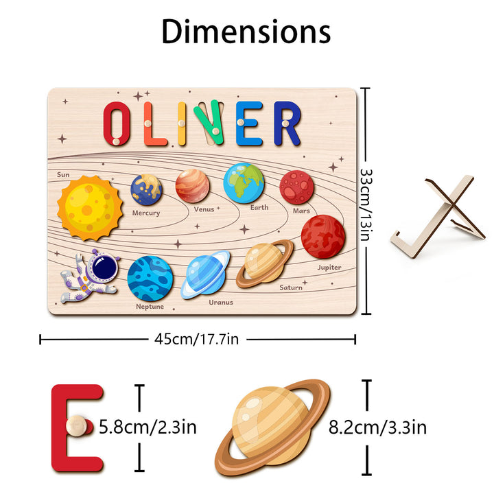 Personalized planet name puzzle with dimensions, featuring child's name and solar system illustrations.