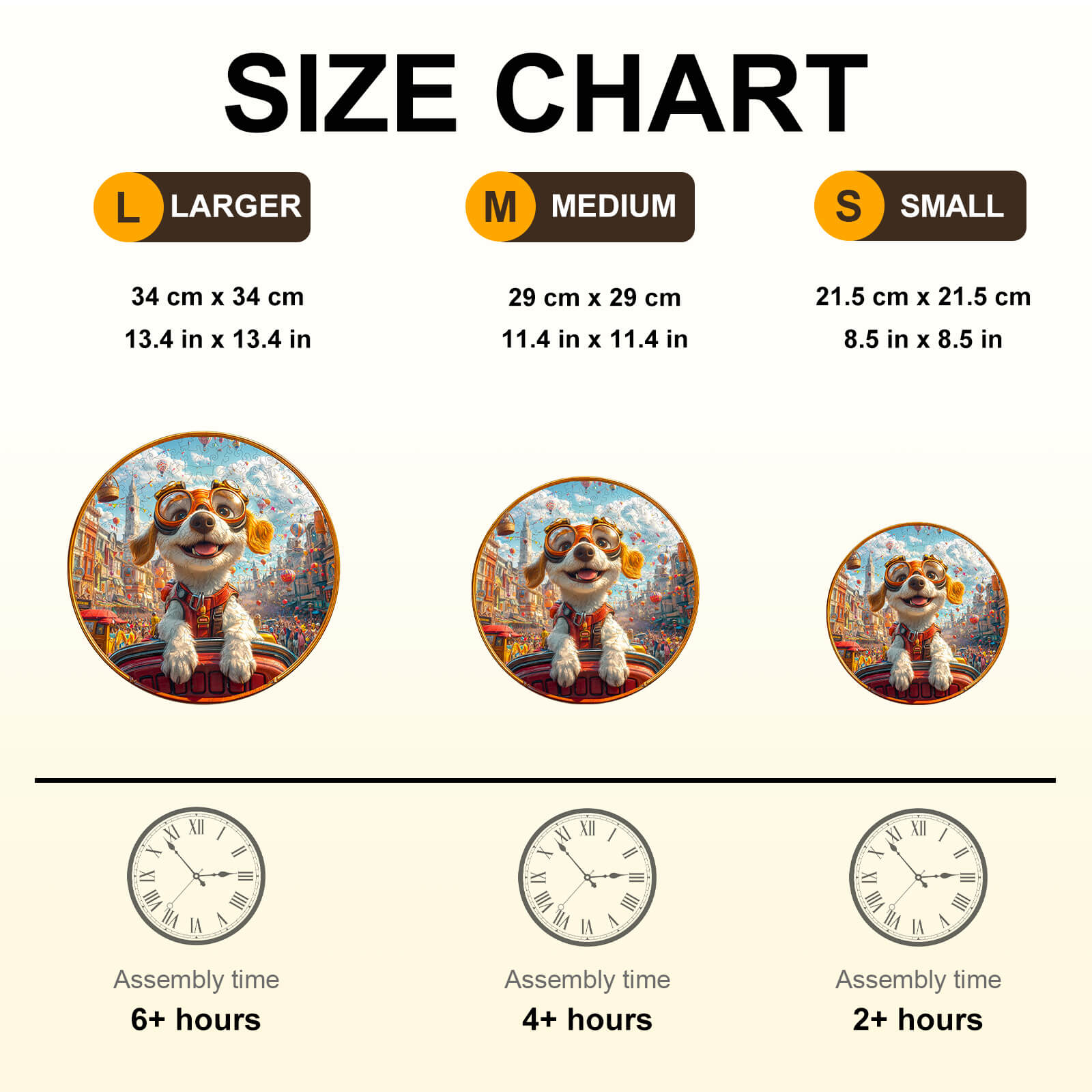Size chart for Parade Navigator Wooden Jigsaw Puzzle, featuring large, medium, and small options with assembly time.
