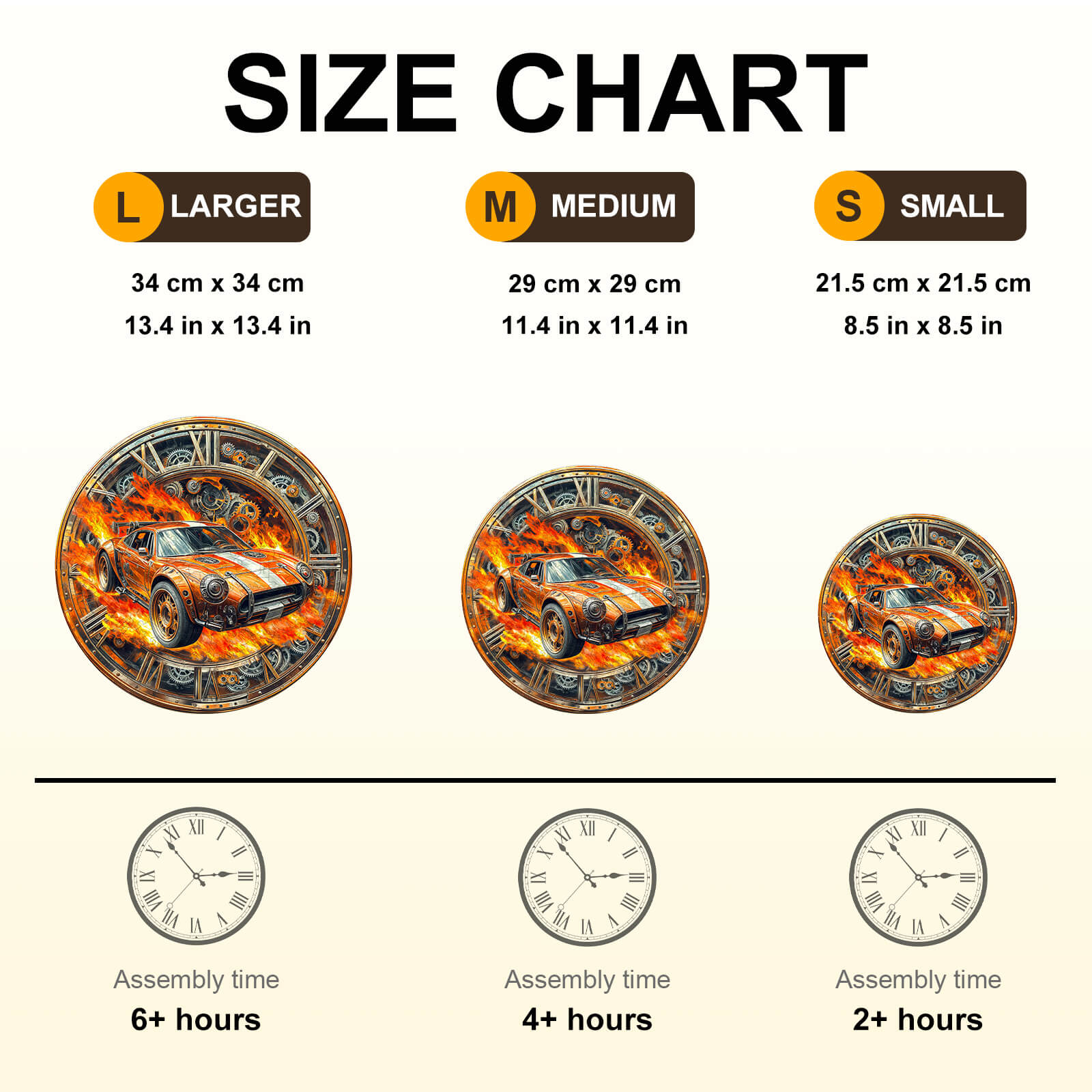 Size chart for Blazing Speed Wooden Jigsaw Puzzle showing dimensions and assembly time for large, medium, and small options.