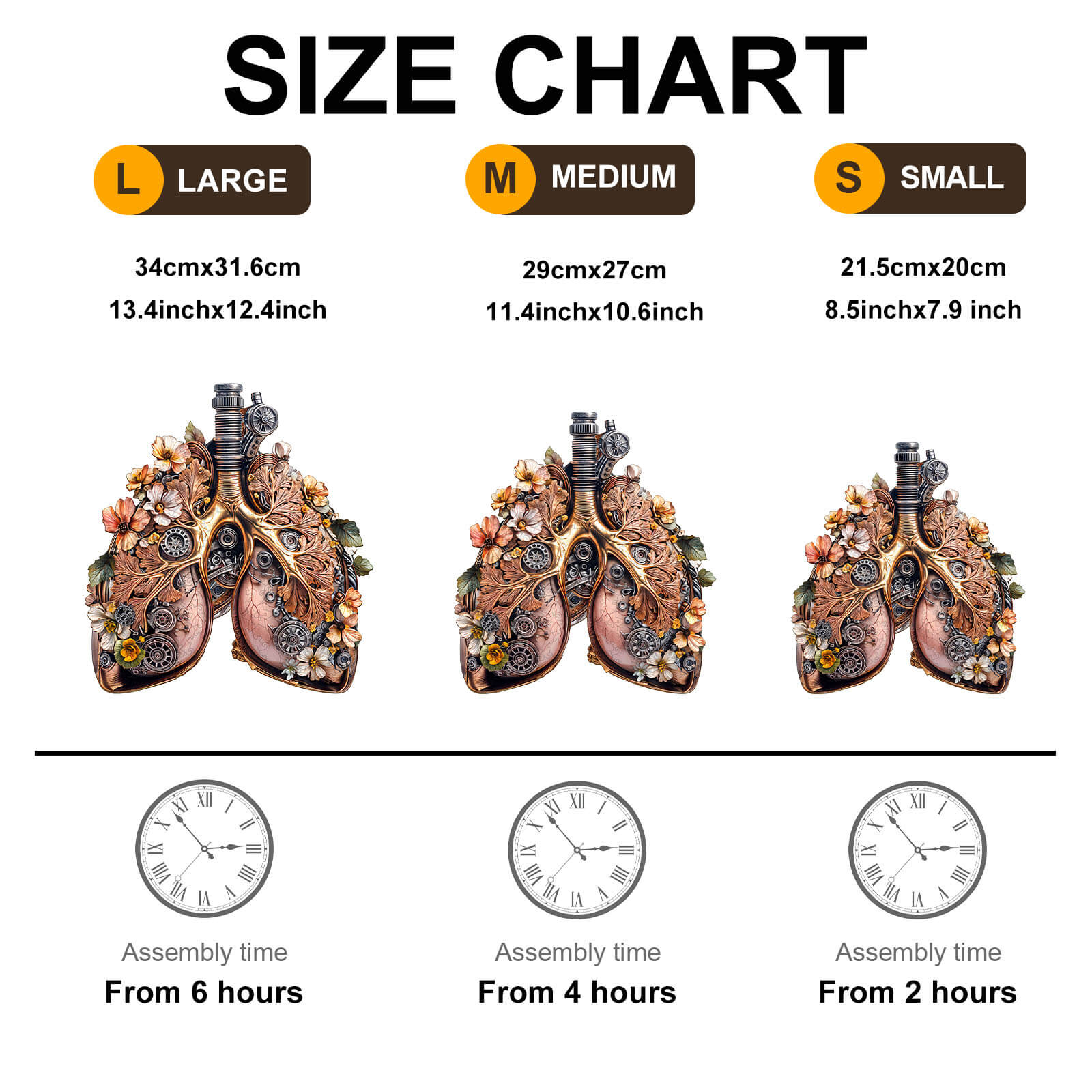 Size chart for 3D Mechanical Lung Wooden Jigsaw Puzzle showing large, medium, and small options with assembly times.