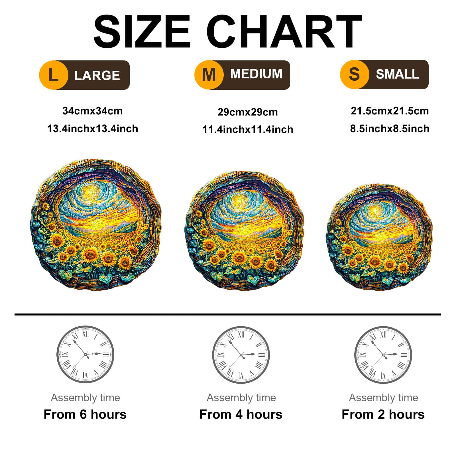 Size chart for 3D Sunlit Fields Wooden Jigsaw Puzzle showing large, medium, and small options with assembly times.