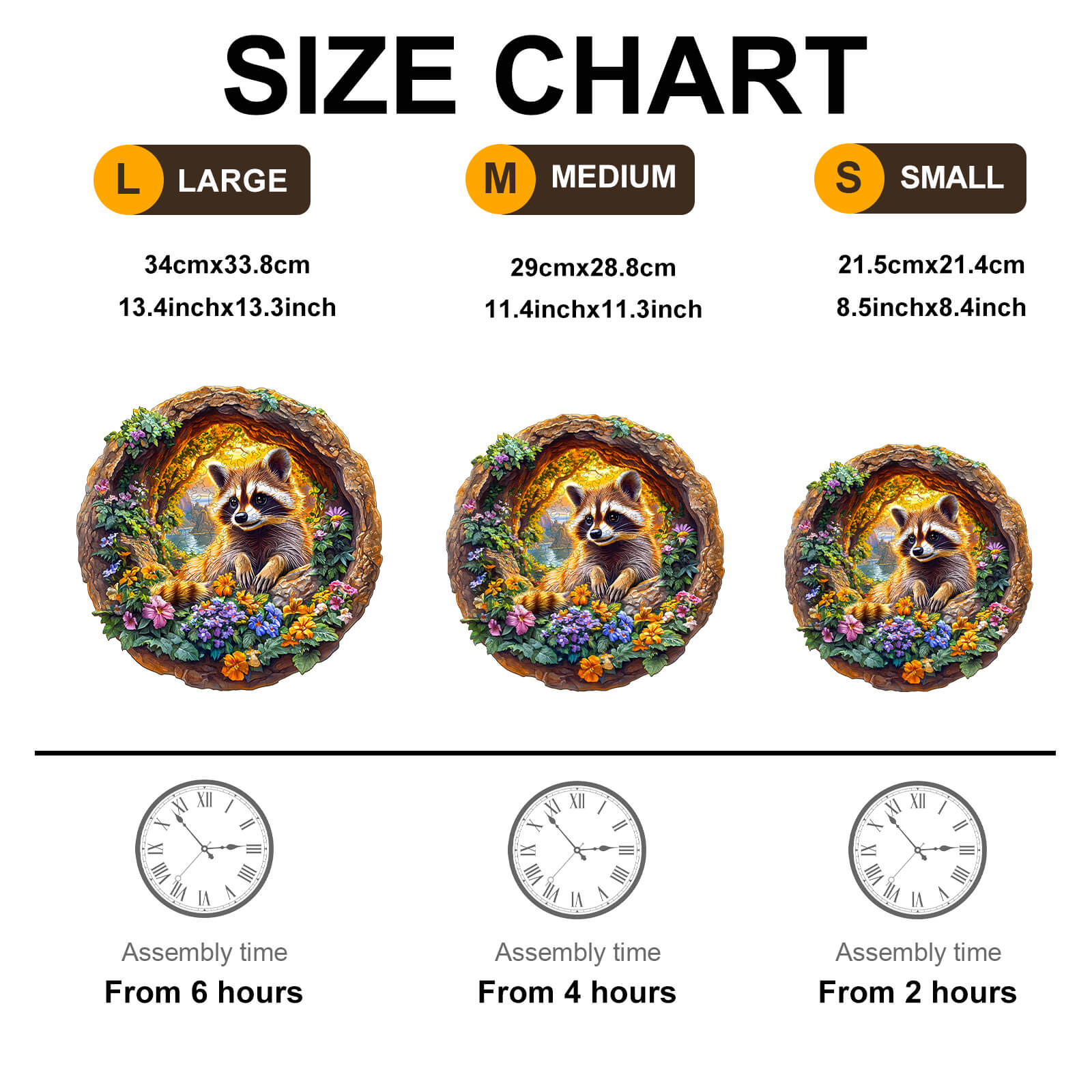 Size chart for 3D Raccoon on Vacation wooden jigsaw puzzle showing dimensions and assembly times for small, medium, and large sizes.