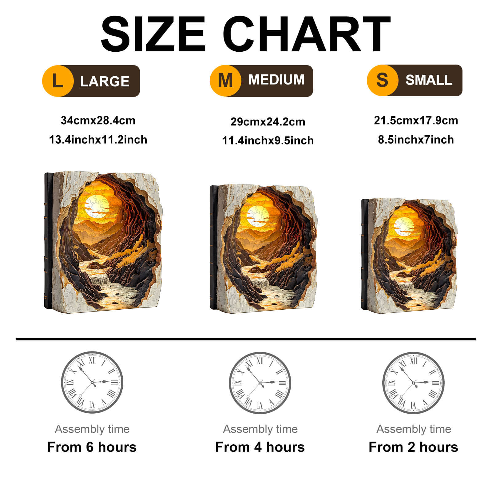 Size chart for 3D Sunset in a Book wooden jigsaw puzzle, showing dimensions and assembly times for large, medium, and small sizes.
