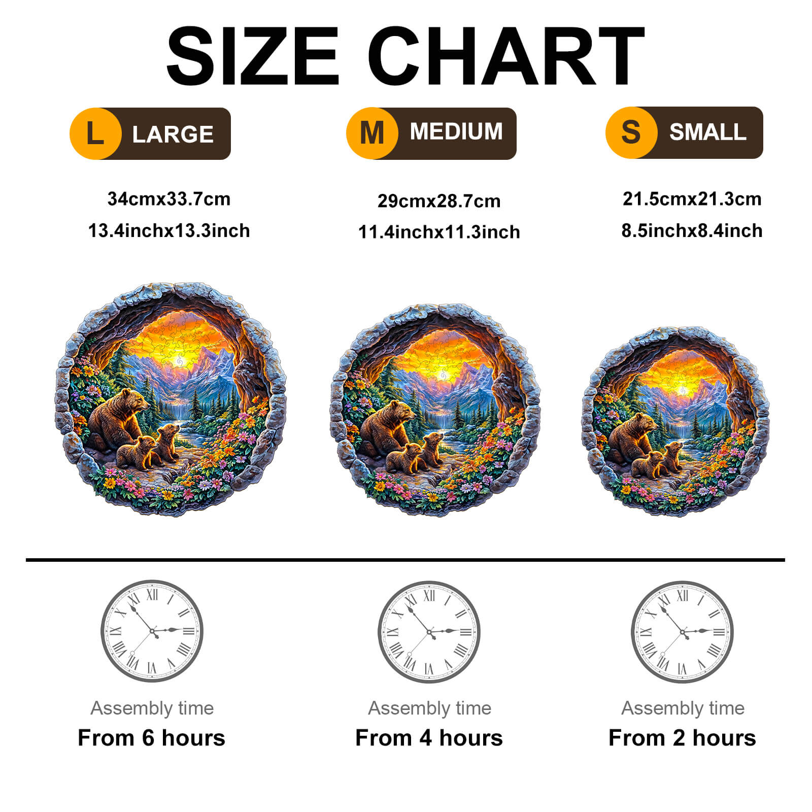 Size chart for 3D Bear's Journey Wooden Jigsaw Puzzle showing large, medium, and small dimensions with assembly times.
