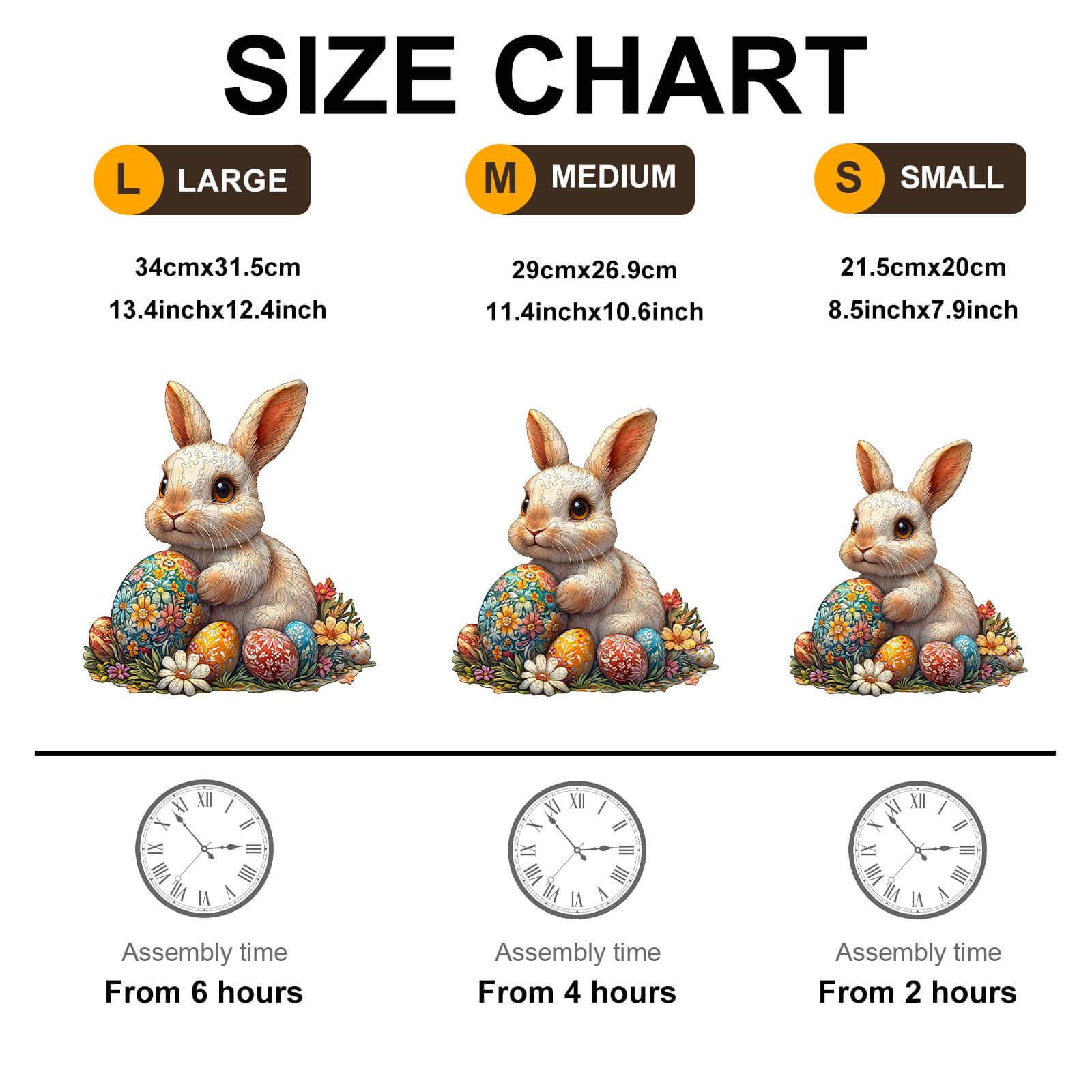 Size chart for 3D Wonderful Easter Bunny Jigsaw Puzzle showing dimensions and assembly times for large, medium, and small options.