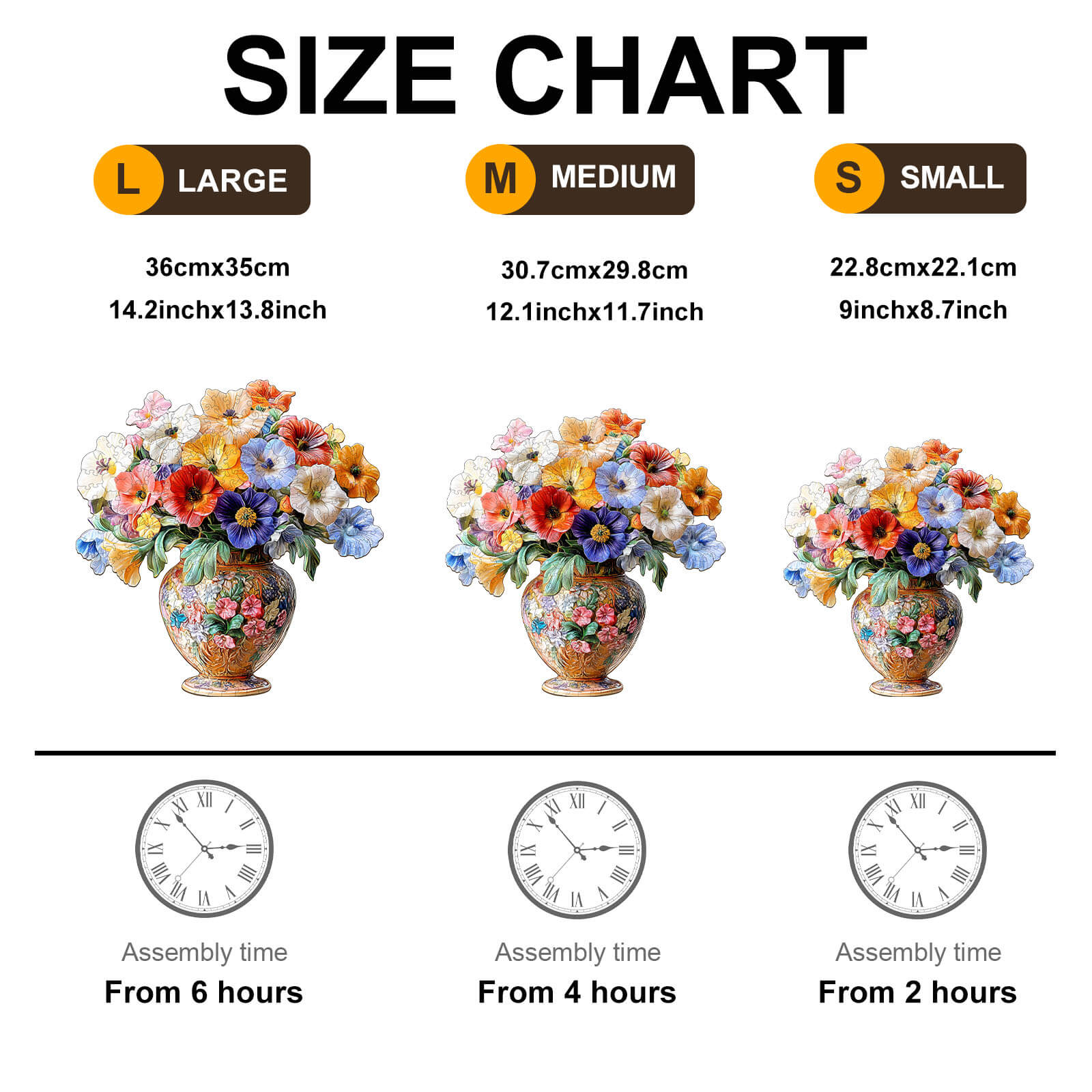 Size chart for vintage flower jigsaw puzzle showing dimensions for large, medium, and small options with assembly times.
