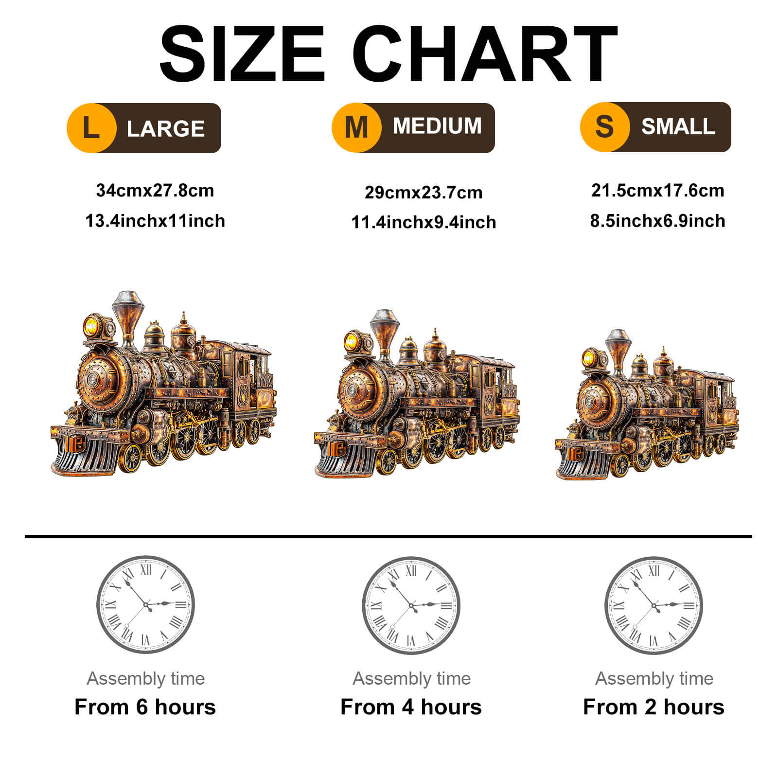 Size chart for 3D Mechanical Steam Train Wooden Jigsaw Puzzle in Large, Medium, and Small with assembly times.
