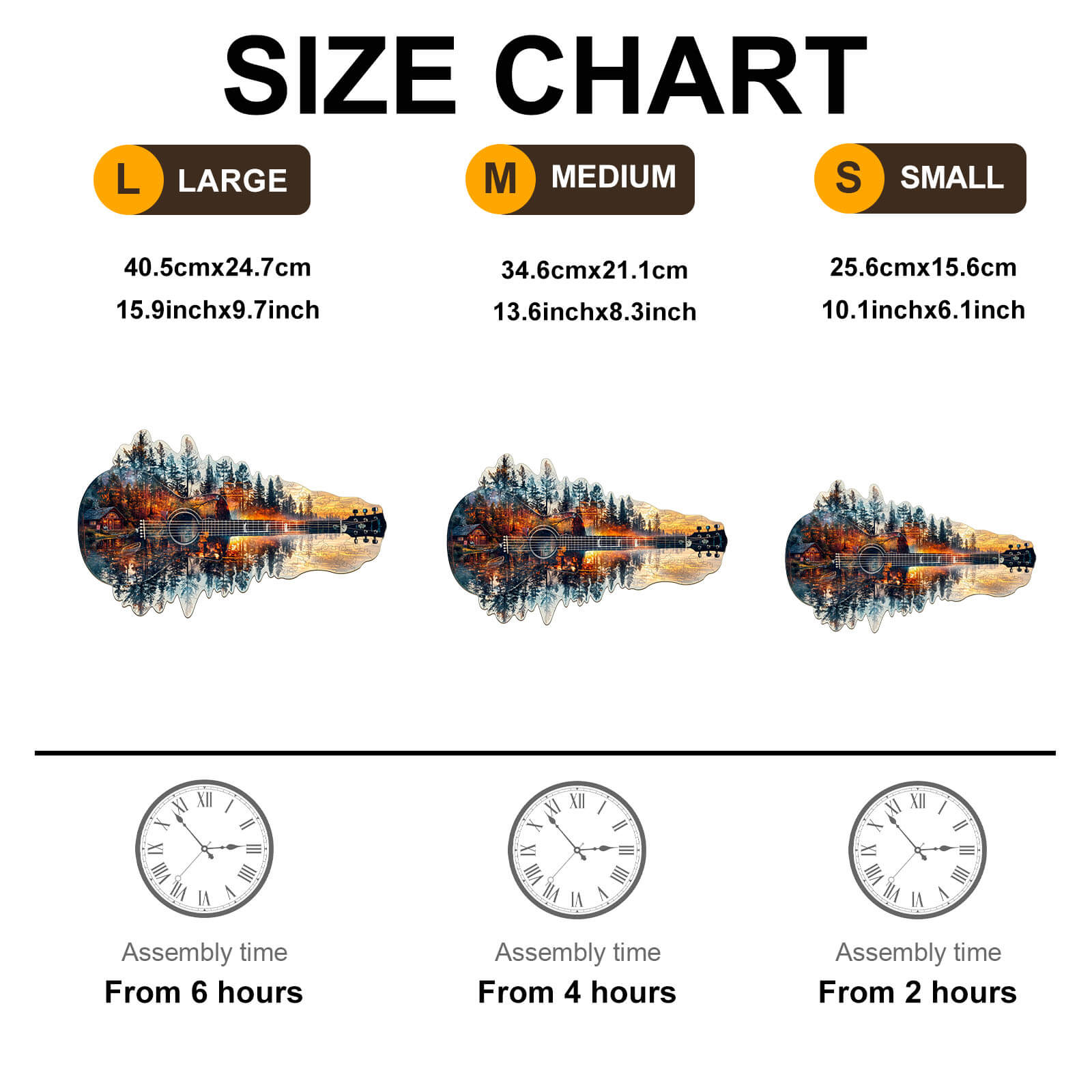 Size chart for Sunset guitar wooden jigsaw puzzle, showing dimensions and assembly times for large, medium, and small sizes.