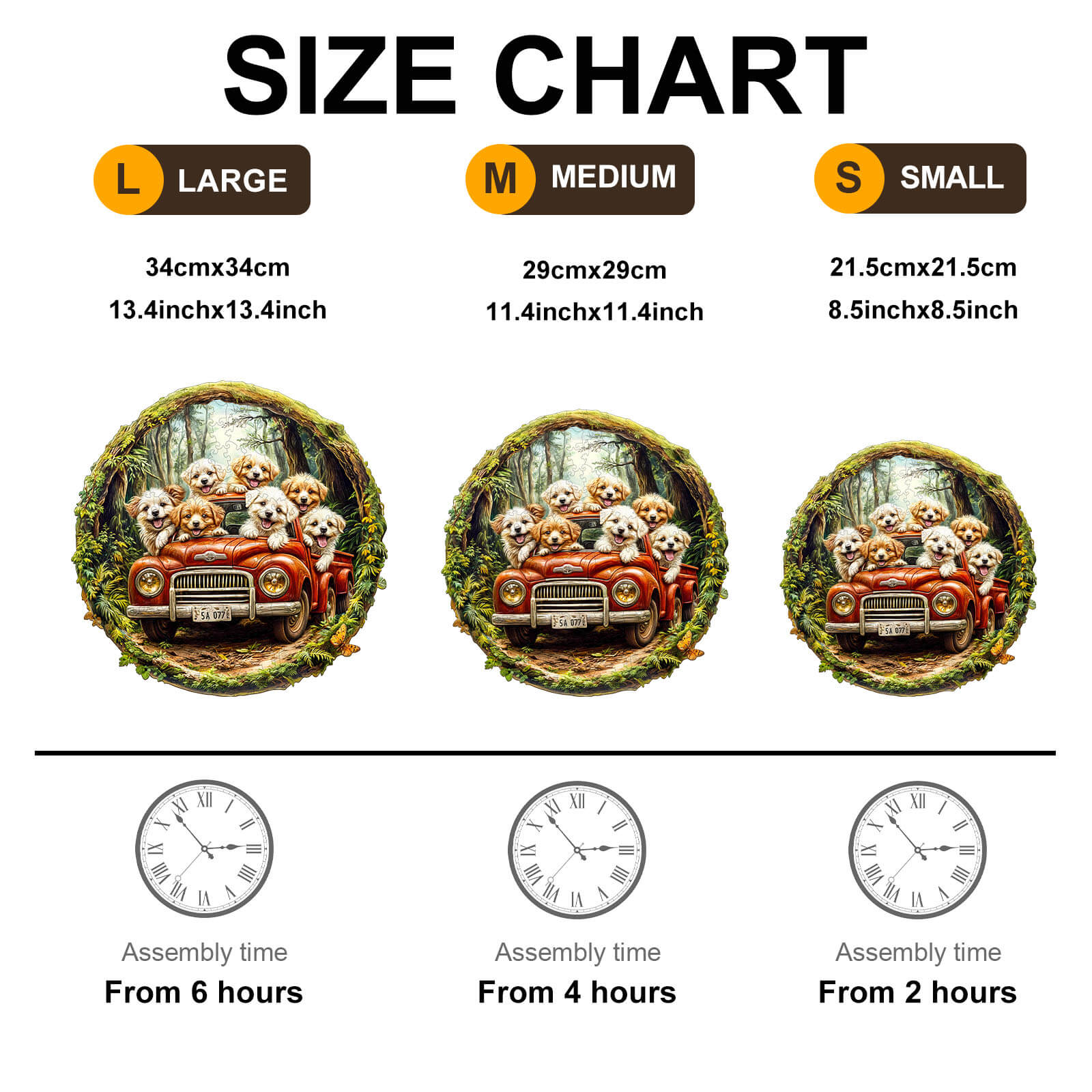 Size chart for Fast truck jigsaw puzzle showing large, medium, and small sizes with assembly time details.