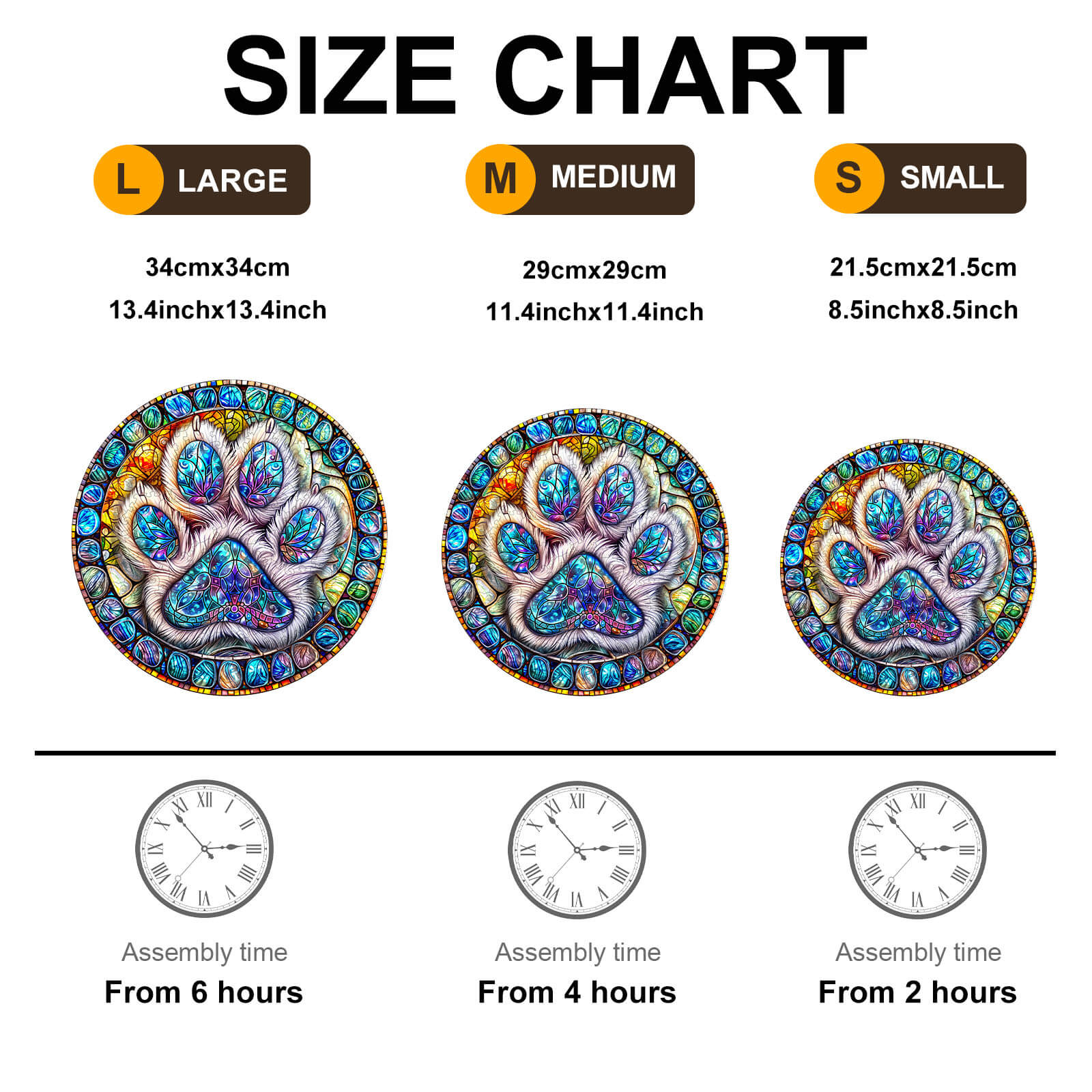 Size chart for stained glass paw prints wooden jigsaw puzzle in large, medium, and small with assembly times.