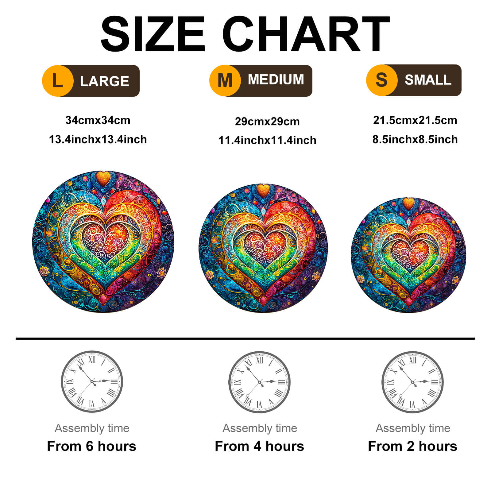 Size chart for mandala heart wooden jigsaw puzzle showing large, medium, and small sizes with assembly times.