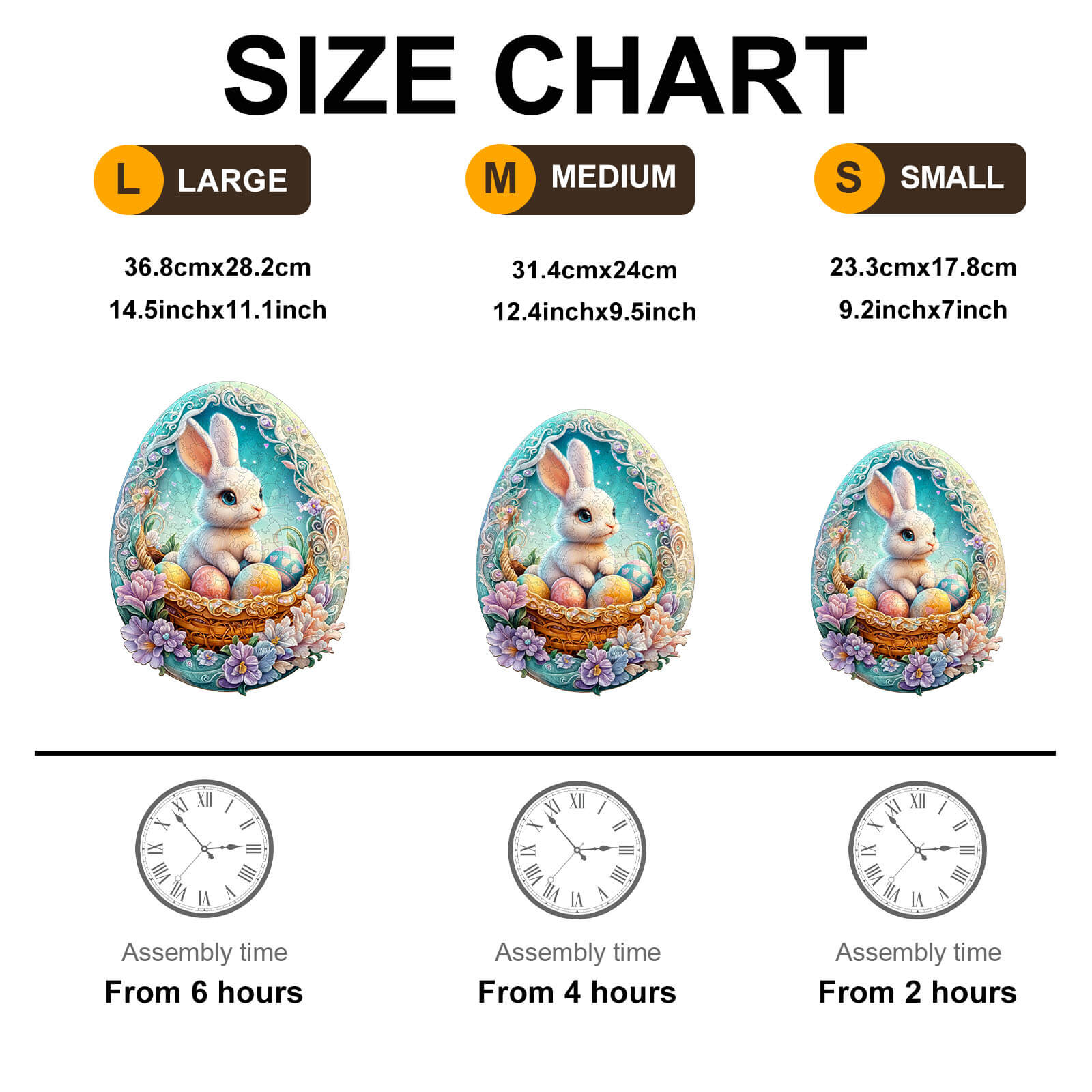 Size chart for Wonderland Easter-2 Wooden Jigsaw Puzzle showing large, medium, and small sizes with assembly times.