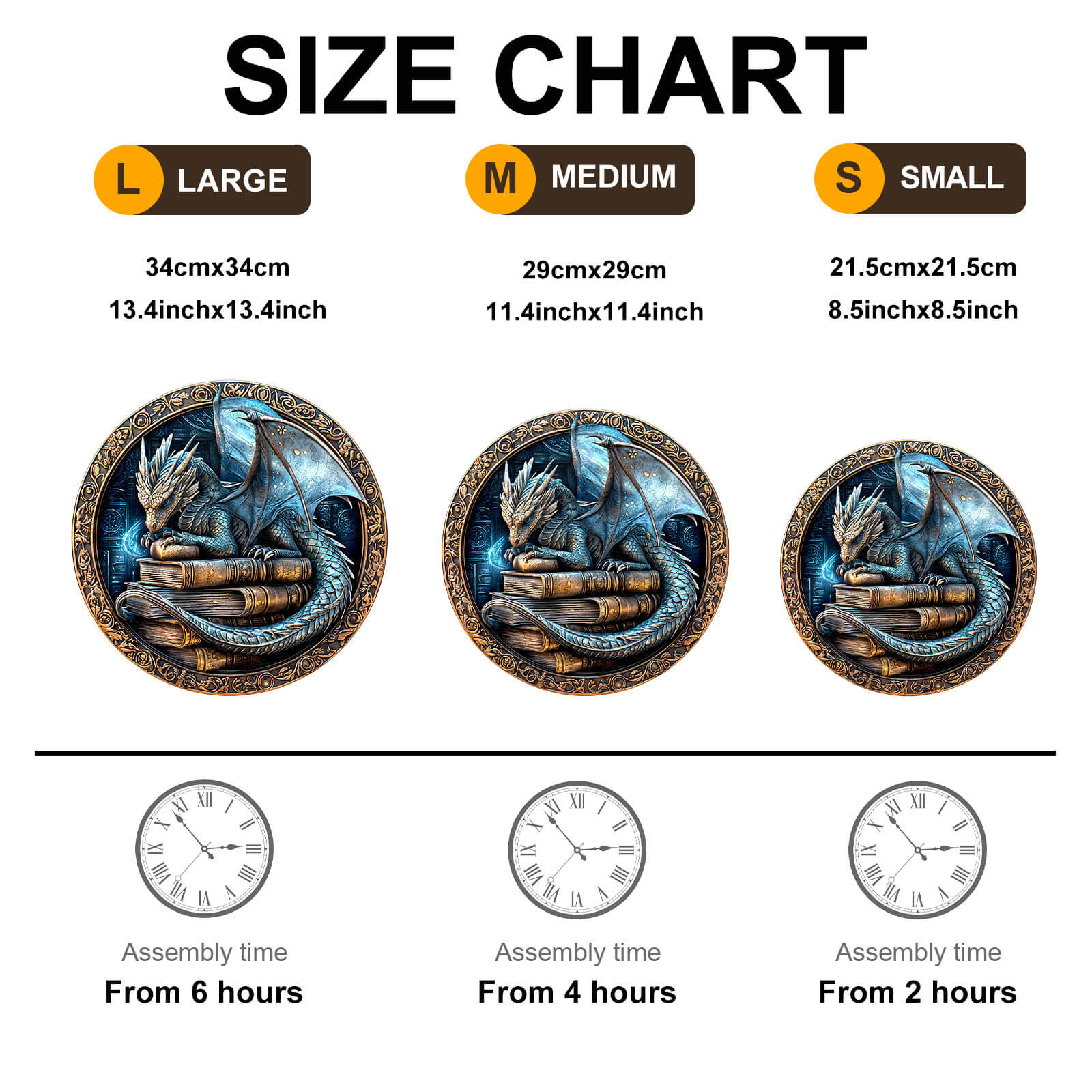 Size chart for 3D Ancient protector wooden puzzle showing large, medium, and small dimensions with assembly times.