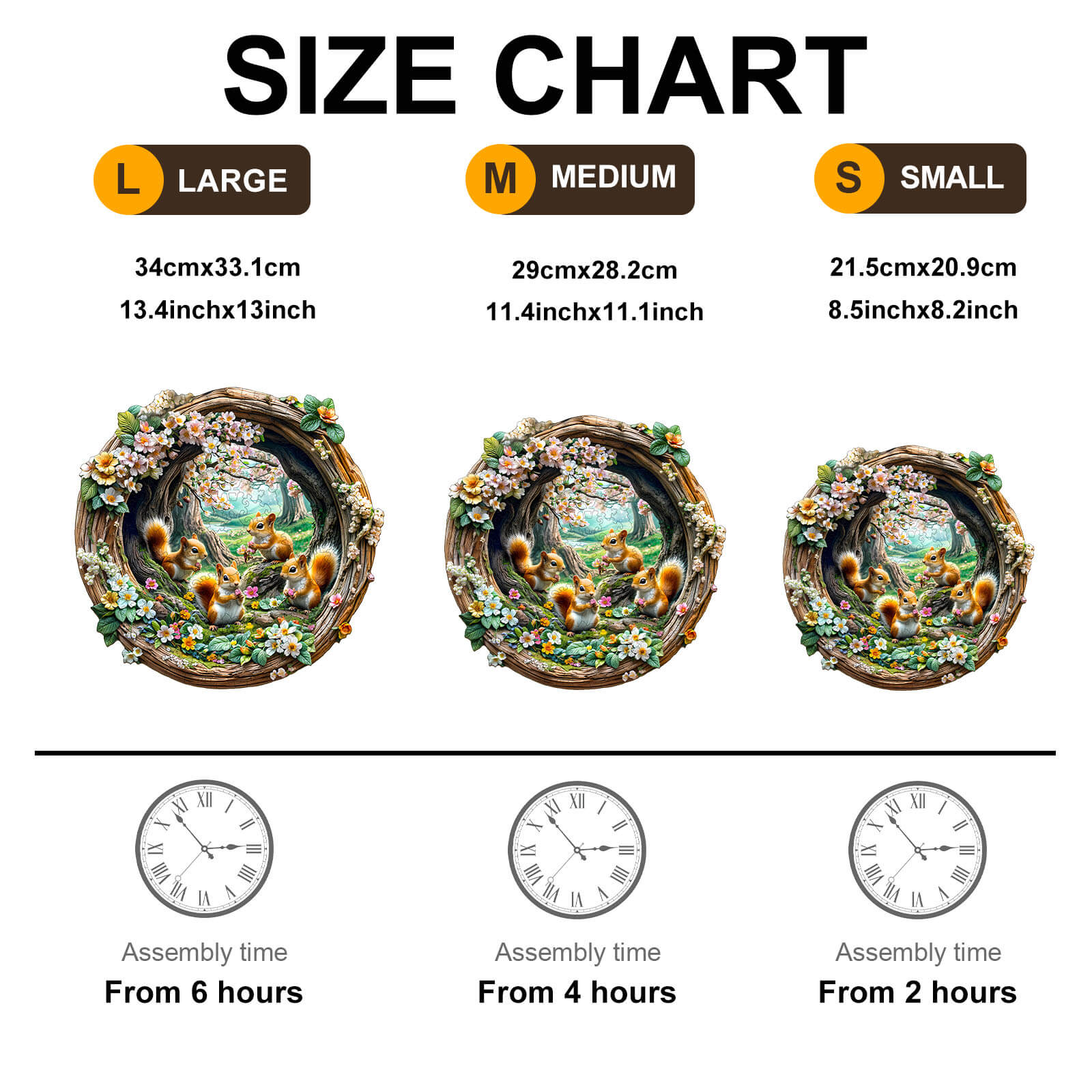 Size chart for 3D Spring Squirrel Wooden Jigsaw Puzzle, showing large, medium, and small dimensions and assembly times.