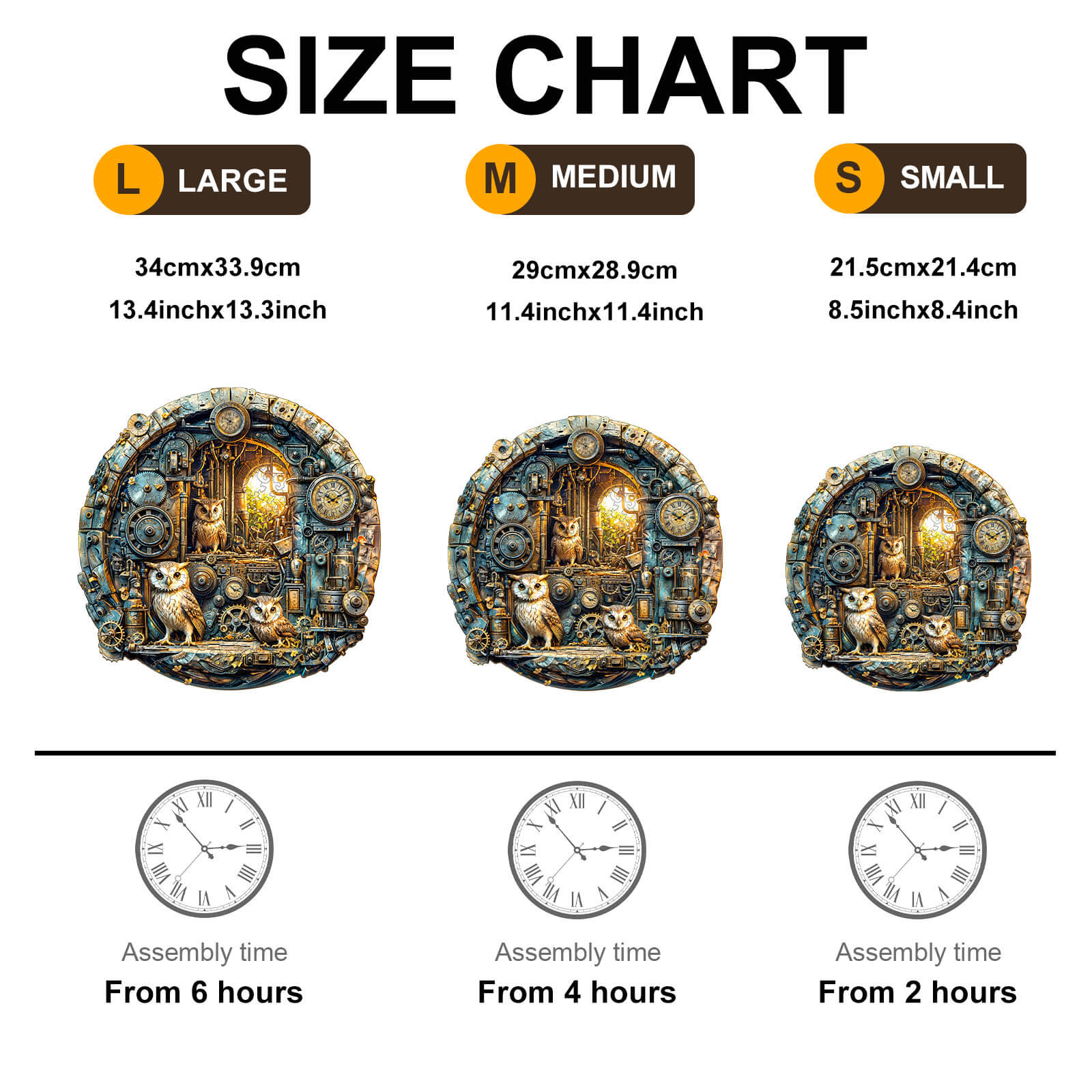 Size chart for Steampunk Owl Wooden Jigsaw Puzzle showing large, medium, and small dimensions and assembly times.