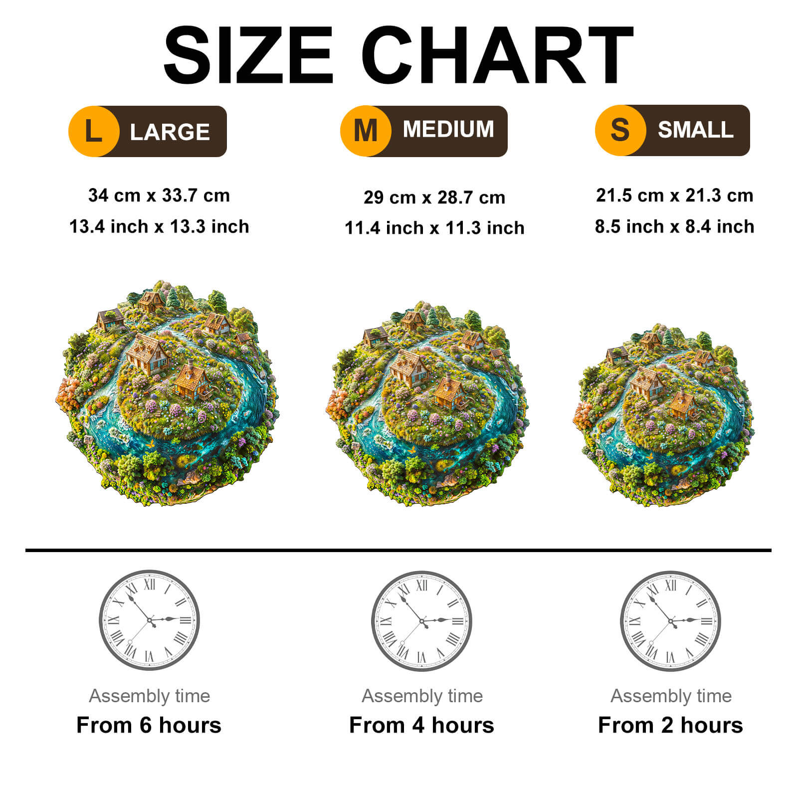 Size chart for Sustainable Earth wooden jigsaw puzzle showing large, medium, and small options with assembly times.