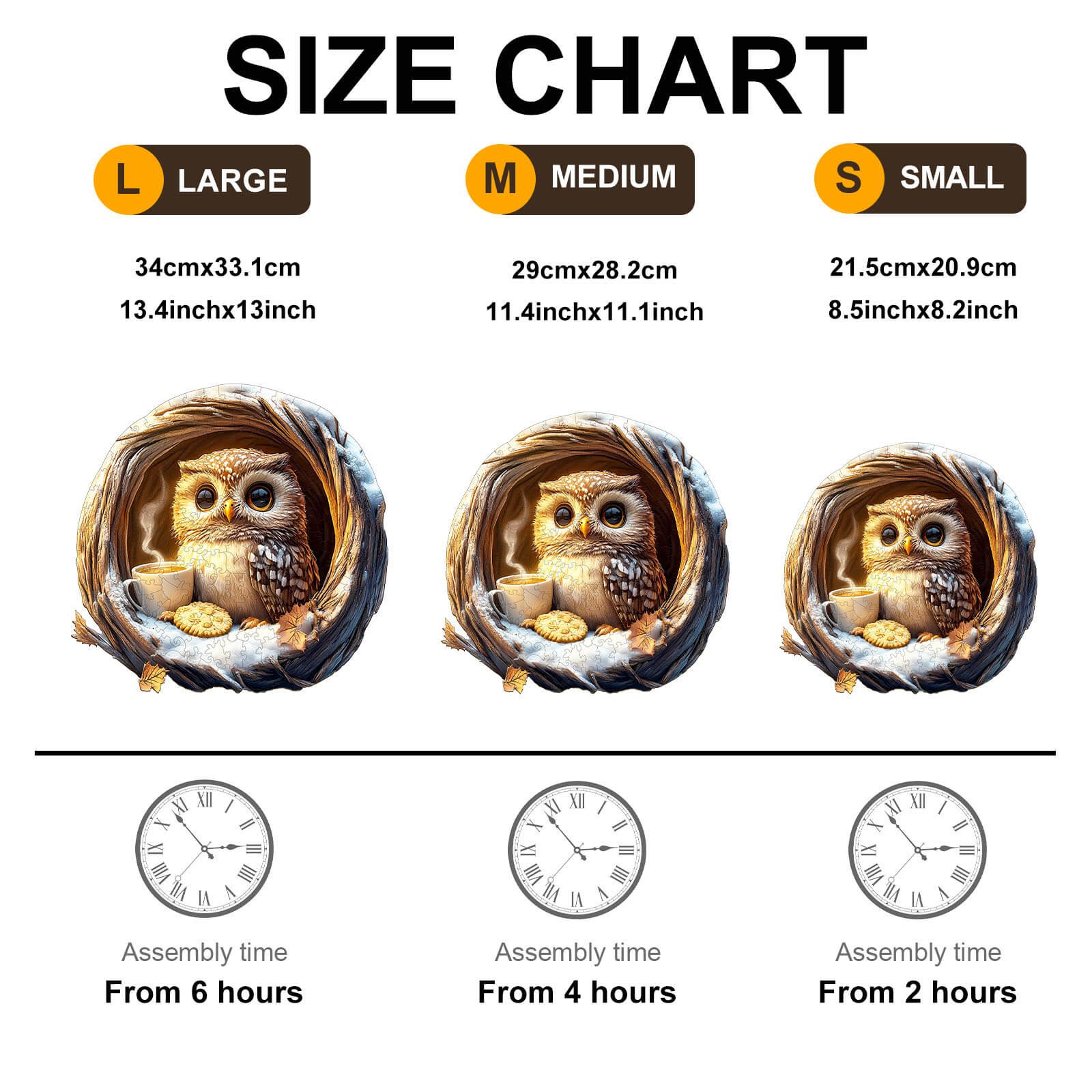 Size chart for 3D Cave Cute Owl Wooden Jigsaw Puzzle, showing dimensions and assembly times for large, medium, and small sizes.