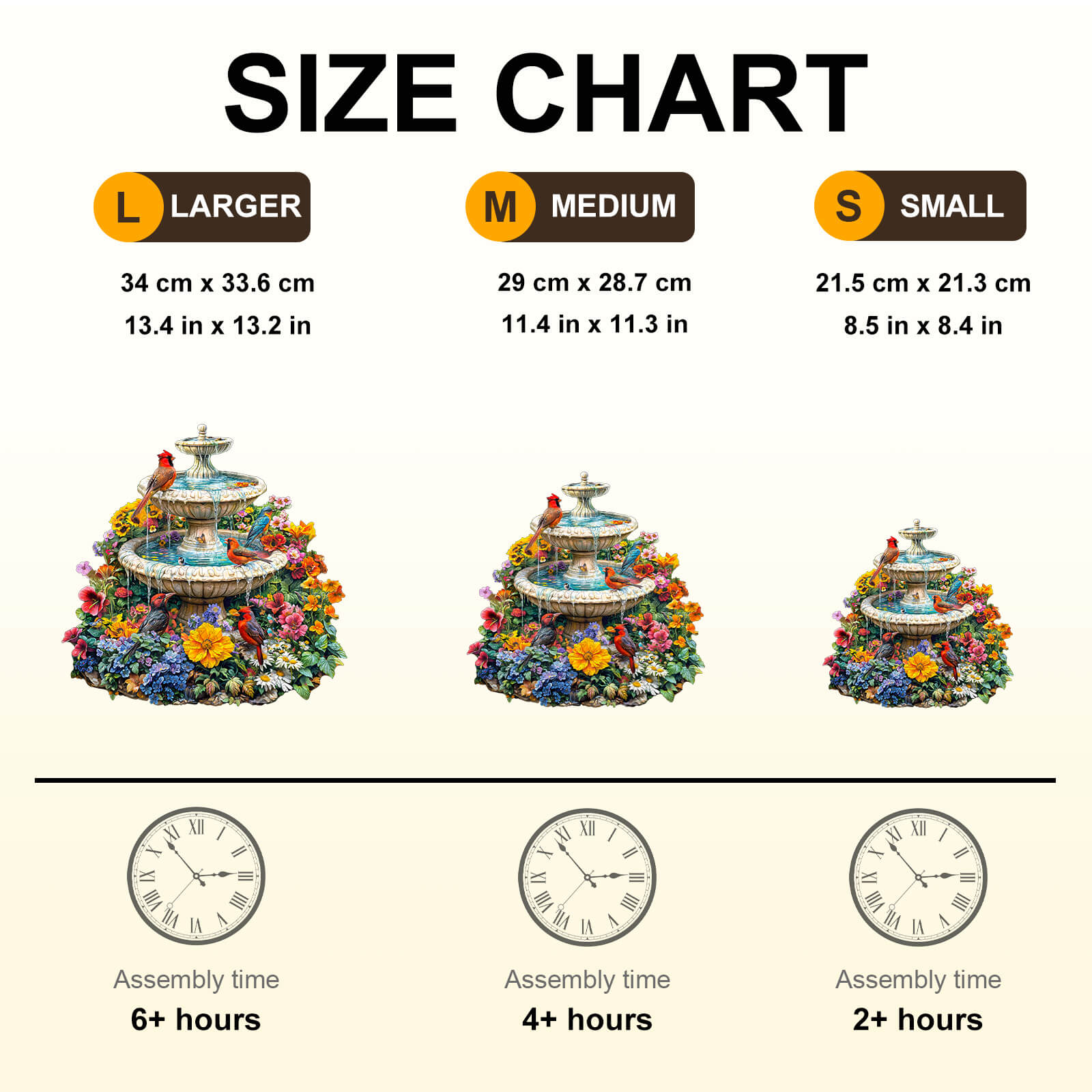 Size chart for Garden Melody Wooden Jigsaw Puzzle showing dimensions and assembly time for large, medium, and small options.