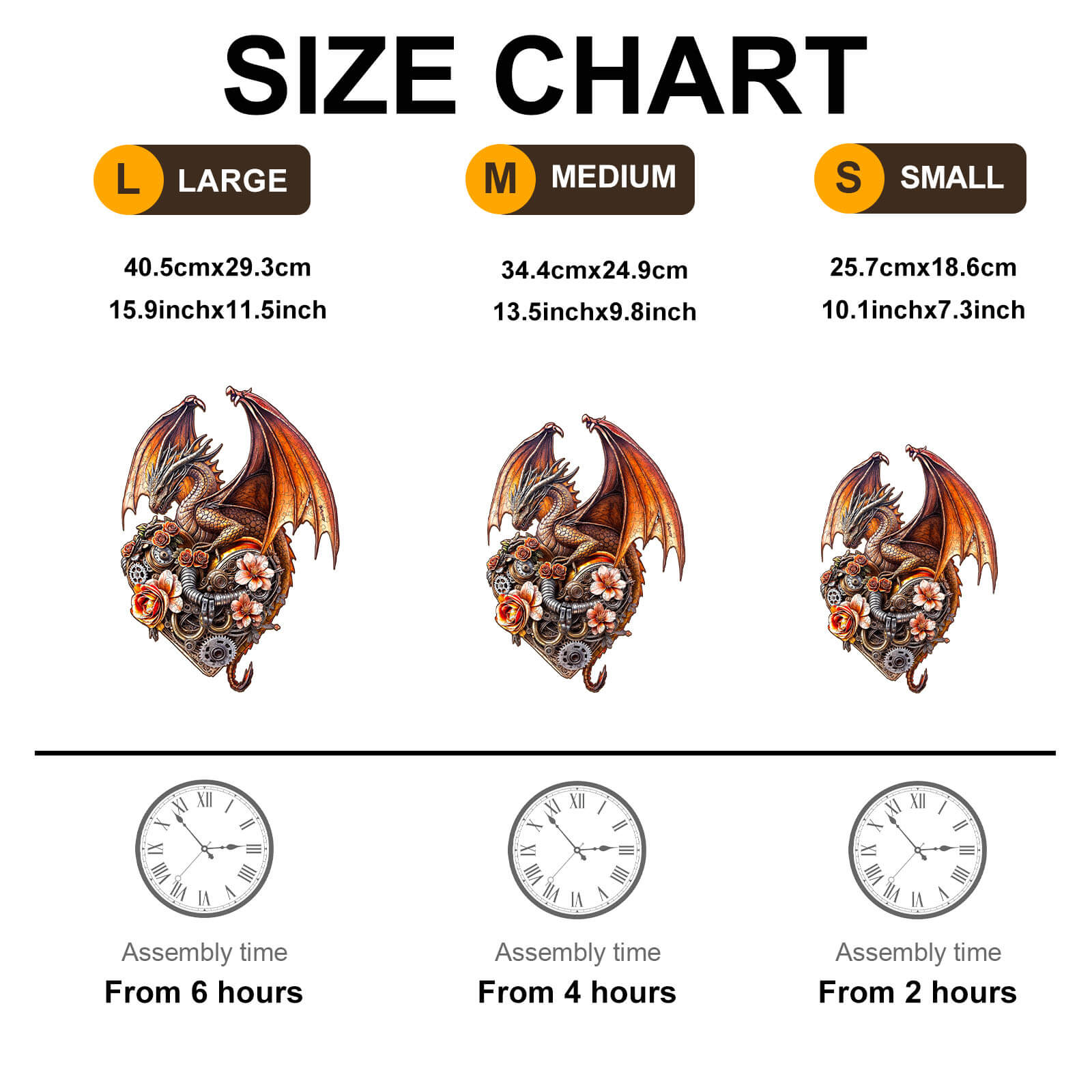 Size chart for Dragon Heart Machina Wooden Jigsaw Puzzle showing large, medium, small sizes and assembly times.