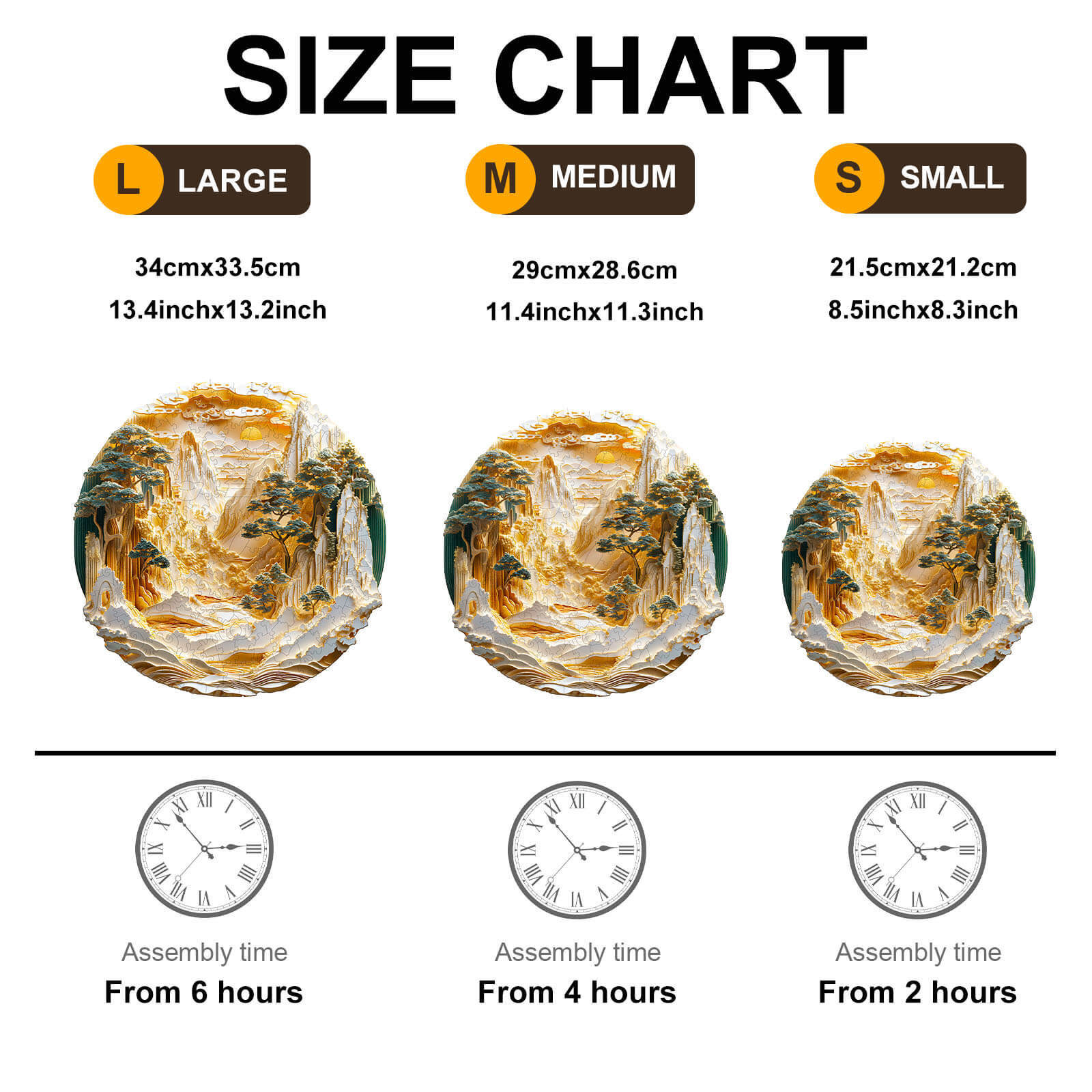 Size chart for 3D Golden Mountains Wooden Jigsaw Puzzle showing large, medium, and small dimensions with assembly times.