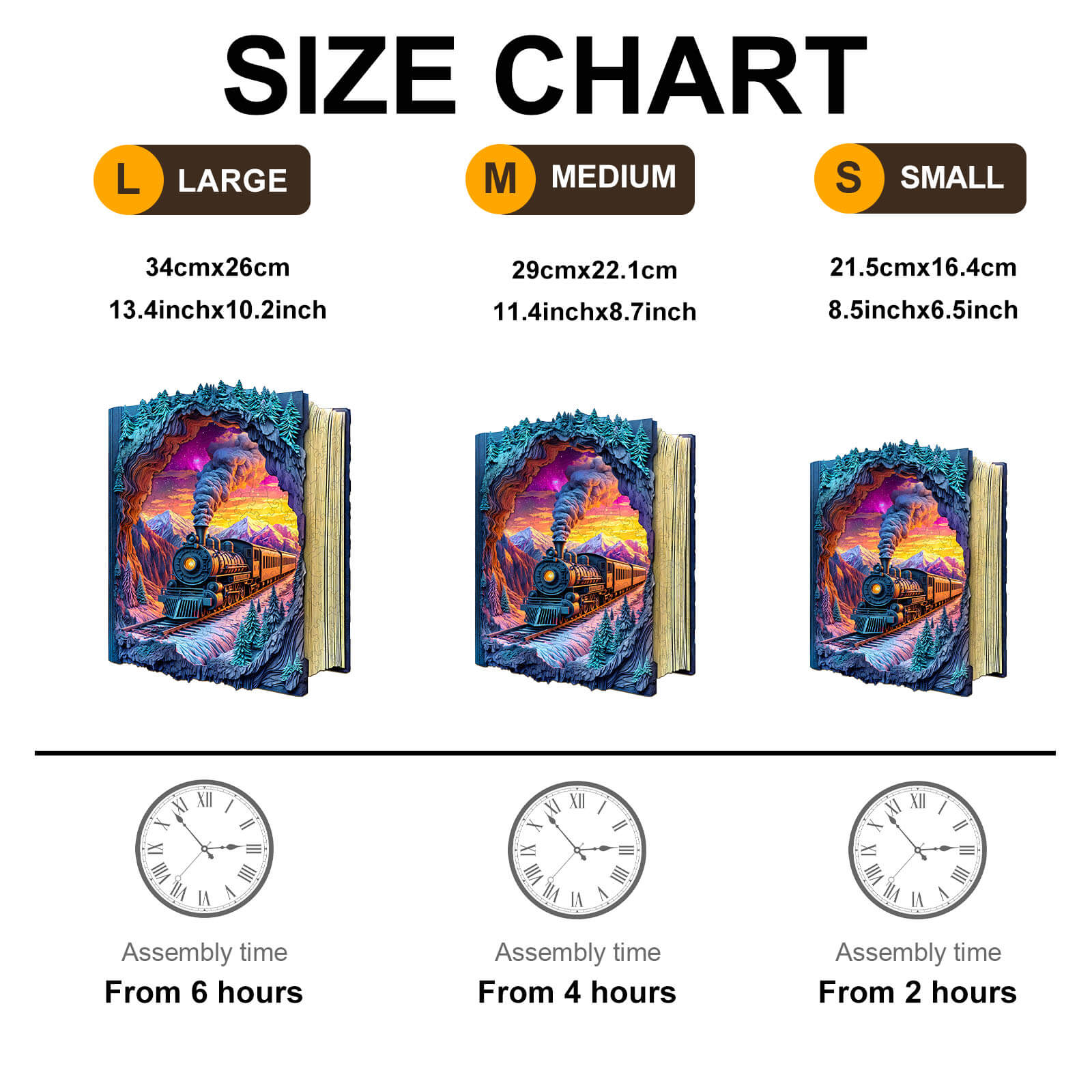 Size chart for 3D Aurora Train wooden jigsaw puzzle, showing large, medium, and small options with assembly times.